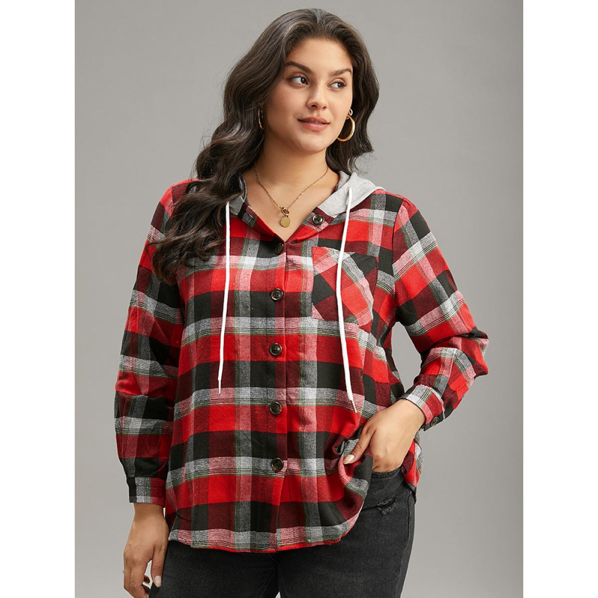 Plus Size Plaid Patchwork Hooded Drawstring Button Through Jacket Women Red Casual Jackets BloomChic 30/6X Product Image