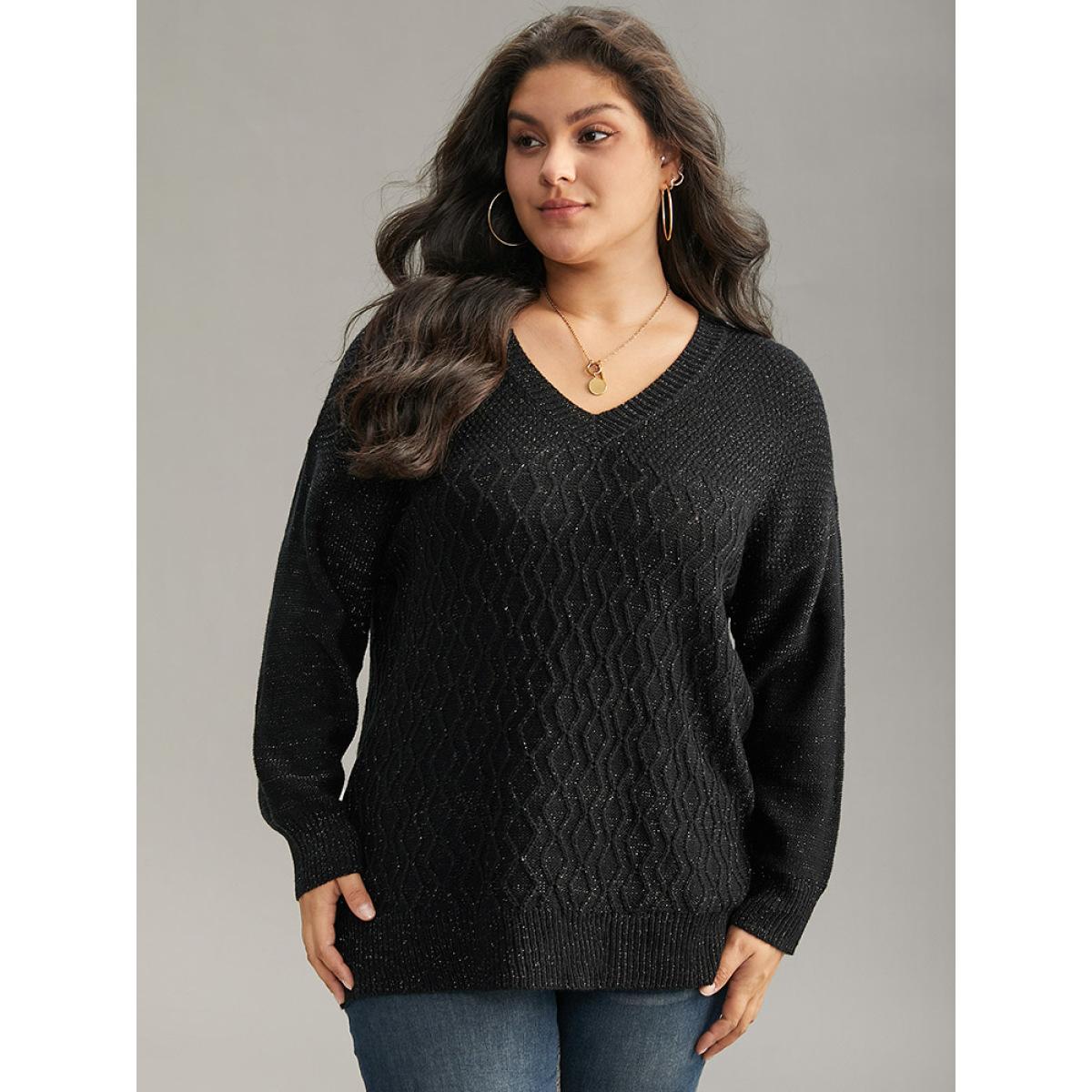 Plus Size Plain Sparkly V Neck Loose Pullover Black Women Casual Long Sleeve V-neck Everyday Pullovers BloomChic 10/M Product Image