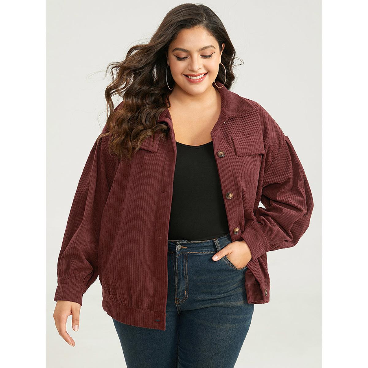 Plus Size Plain Texture Button Through Gathered Jacket Women Maroon Texture Dailywear Jackets BloomChic 12/L Product Image