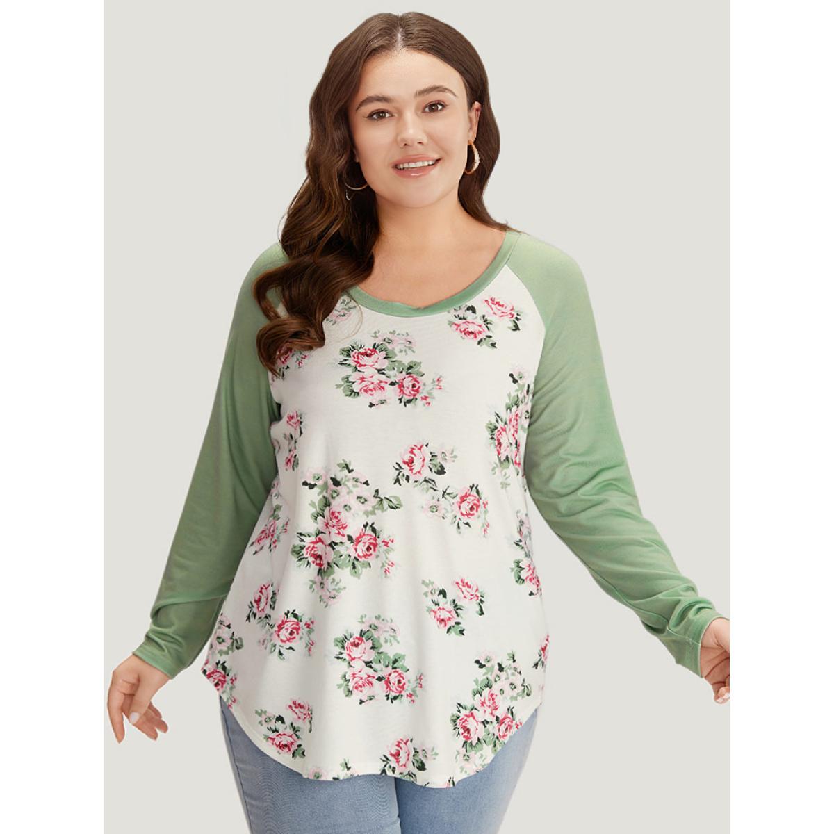 Plus Size Floral Print Contrast Raglan Sleeve T-shirt White Women Elegant Contrast Floral Round Neck Dailywear T-shirts BloomChic 22-24/3X Product Image