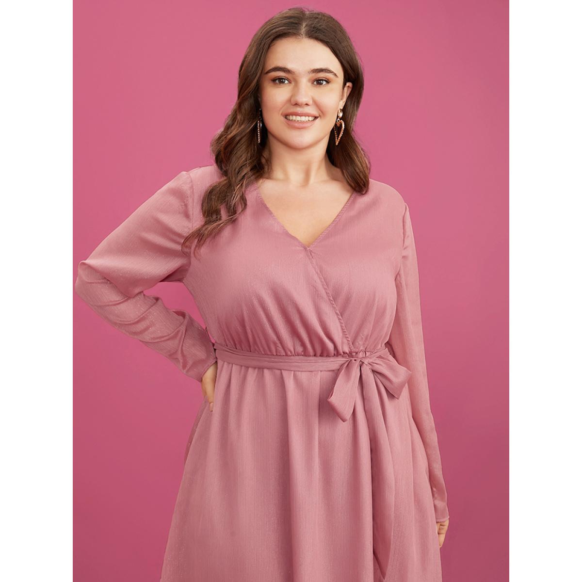 Plus Size Solid Pocket Belted Surplice Neck Midi Dress DustyPink Women Elegant Belted V-neck Long Sleeve Curvy Midi Dress BloomChic 10/M Product Image