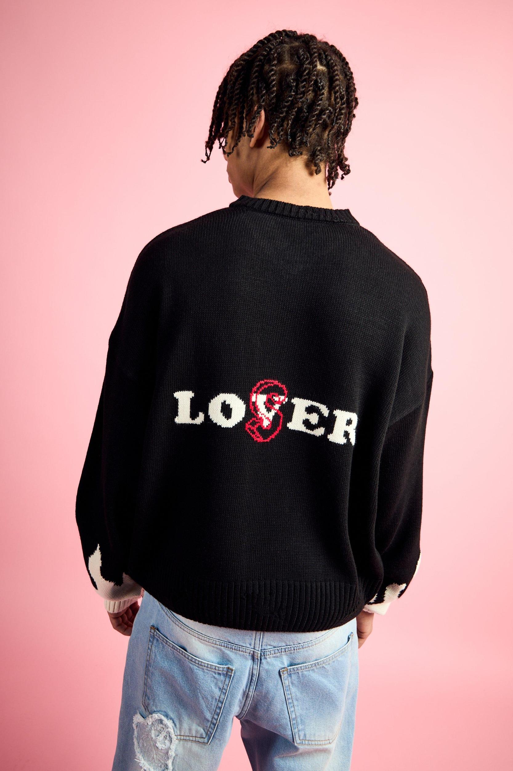 Boxy Drop Shoulder V Neck Graphic Sweater | boohooMAN USA Product Image