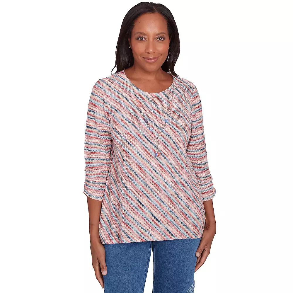 Petite Alfred Dunner Space Dye Diagonal Striped Top with Necklace, Women's, Size: Medium Petite, Pink Product Image