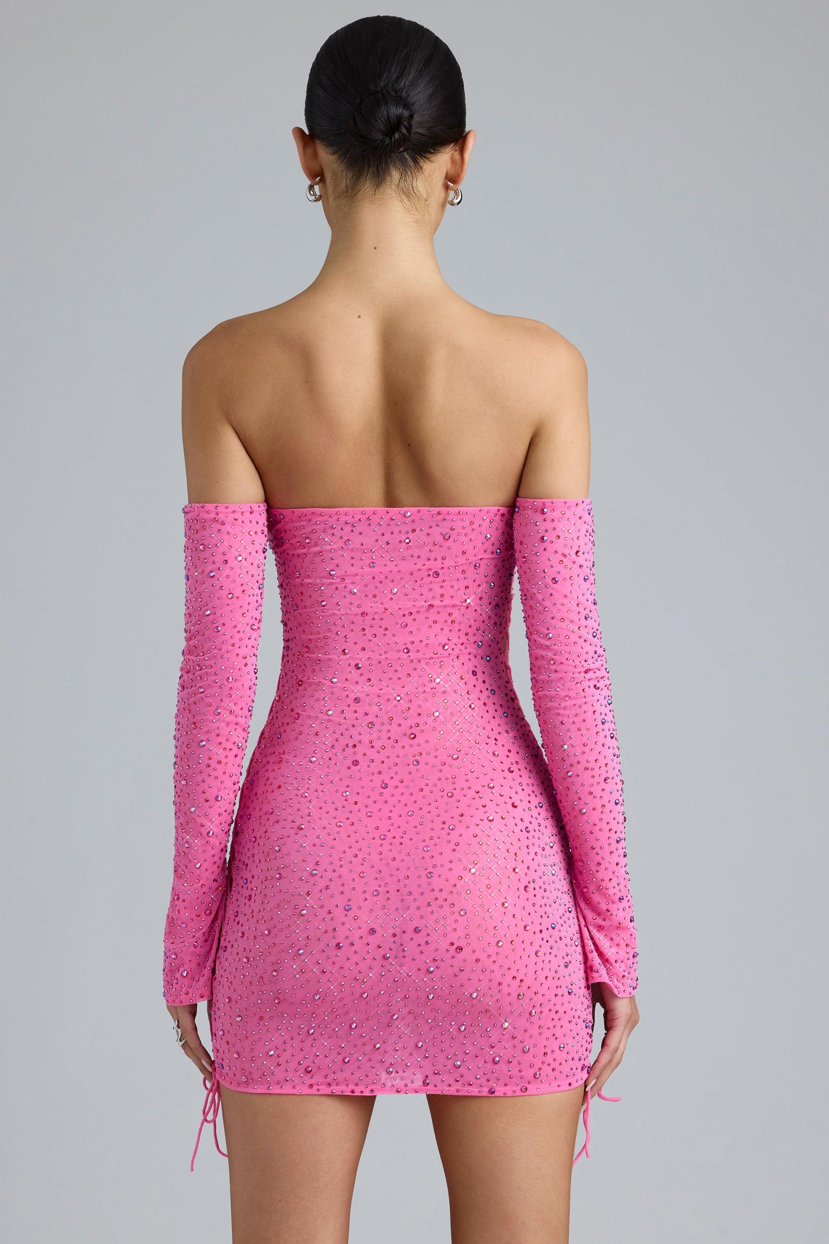 Embellished Lace-Up Off-Shoulder Mini Dress in Bubblegum Pink Product Image