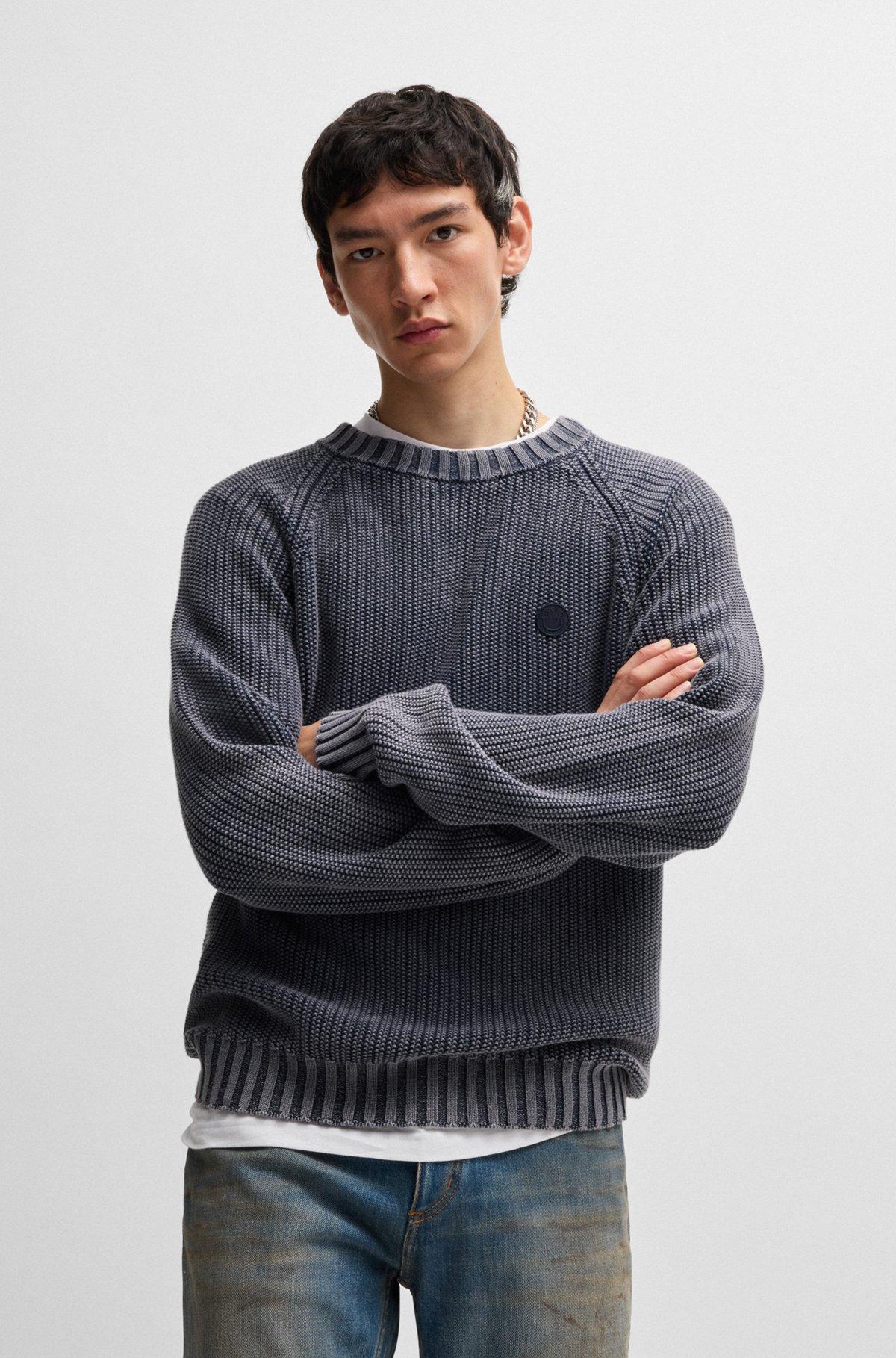 Rib-knit cotton sweater with Happy HUGO logo badge Product Image