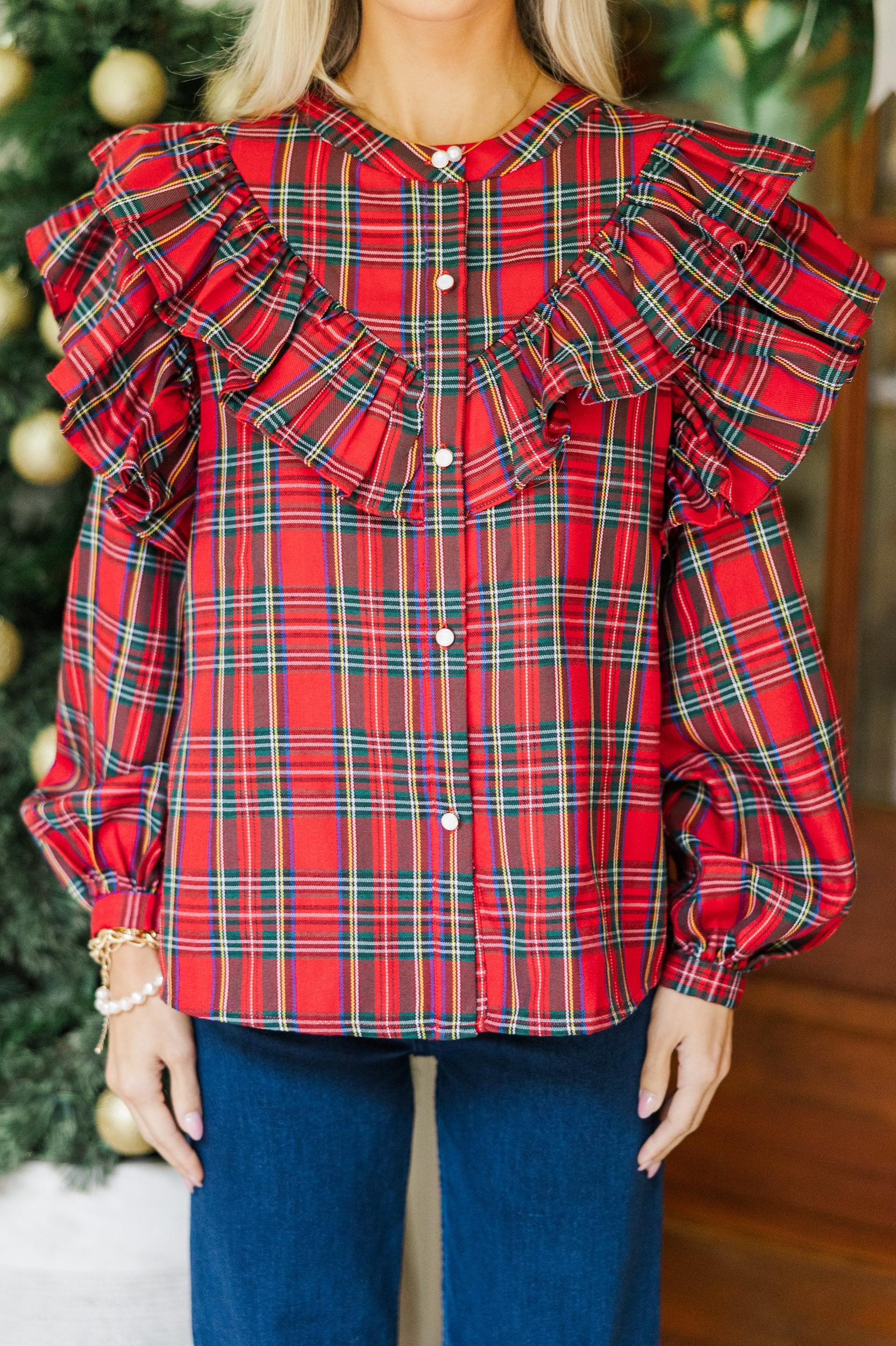 It's All Possible Red Tartan Plaid Button Down Blouse Female Product Image