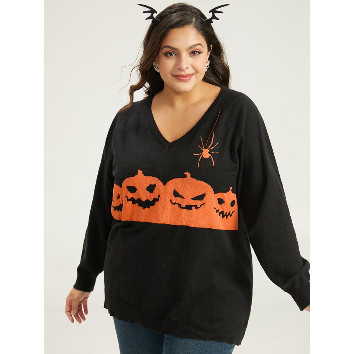 Plus Size Halloween Graphic Pumpkin V Neck Pullover Black Women Casual Loose Long Sleeve V-neck Dailywear Pullovers BloomChic 14-16/1X Product Image