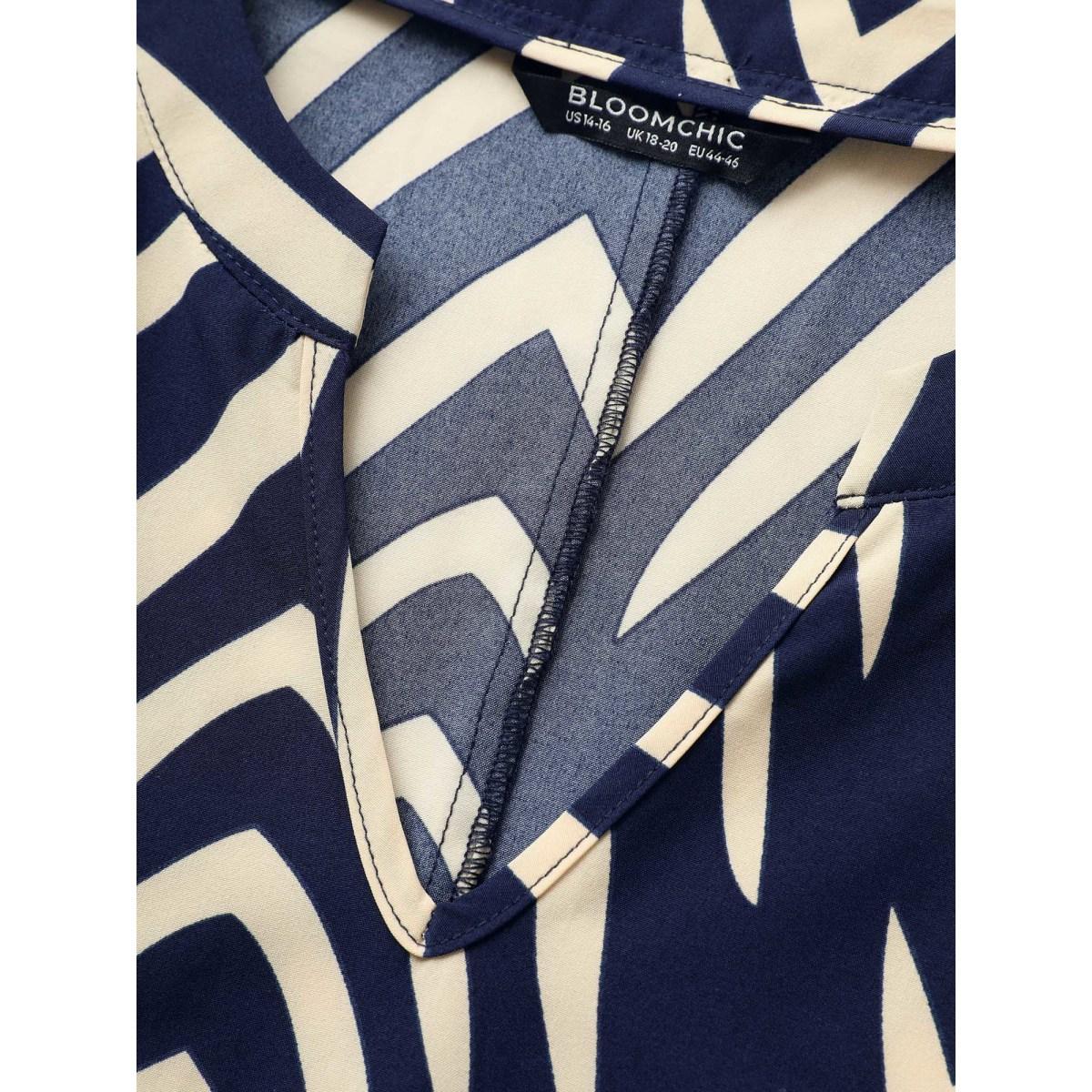 Plus Size Geometric Belted Dolman Sleeve Curved Hem Dress Navy Women Office Flat collar with V-notch Short sleeve Curvy BloomChic 30/6X Product Image