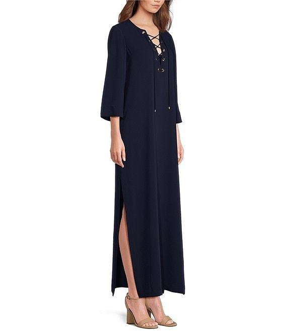 Trina Turk Catamaran Double Georgette Lace-Up V-Neck 3/4 Sleeve Maxi Dress Product Image