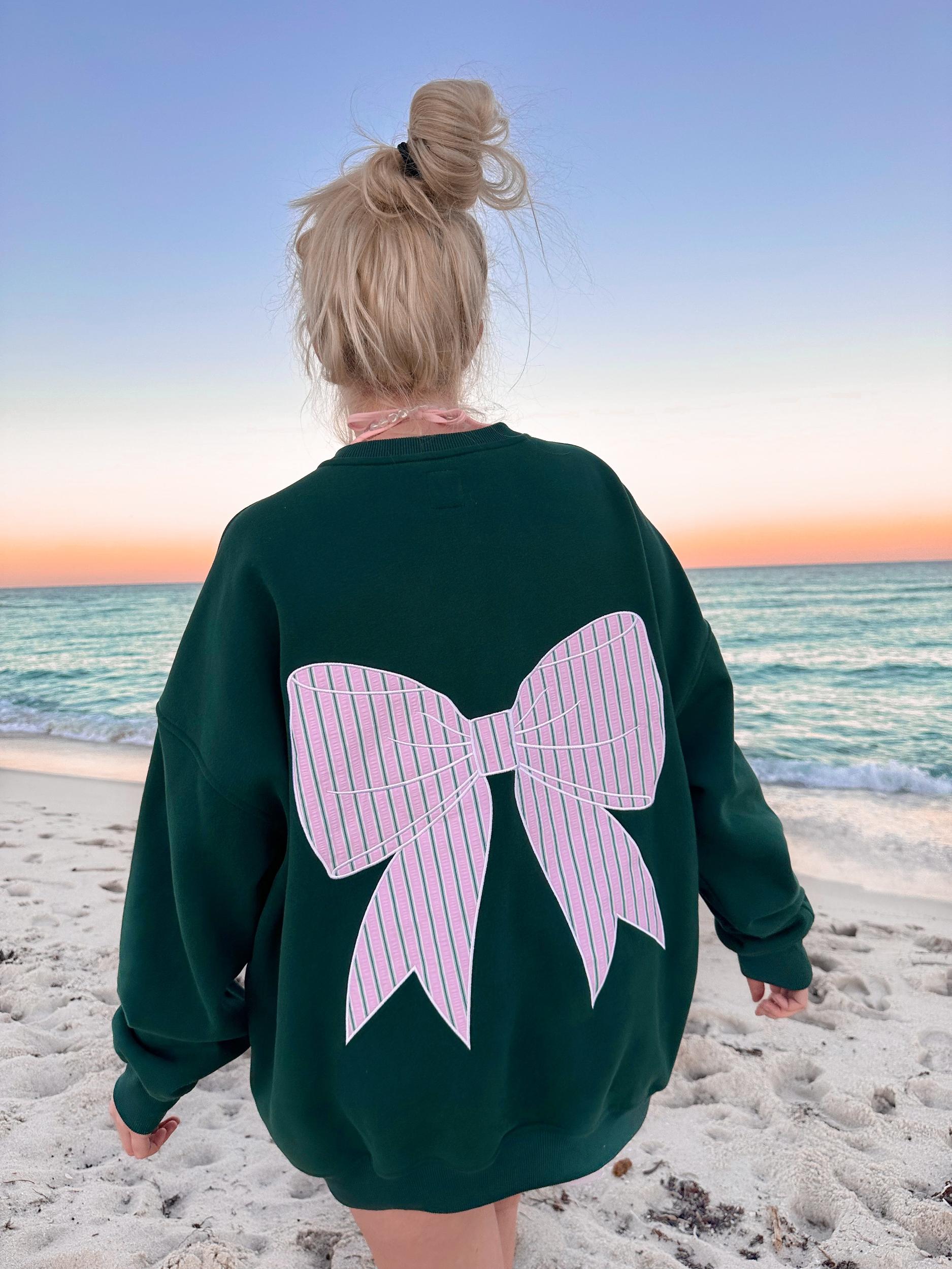 Winter Green Striped Bow Embroider Sweatshirt Product Image