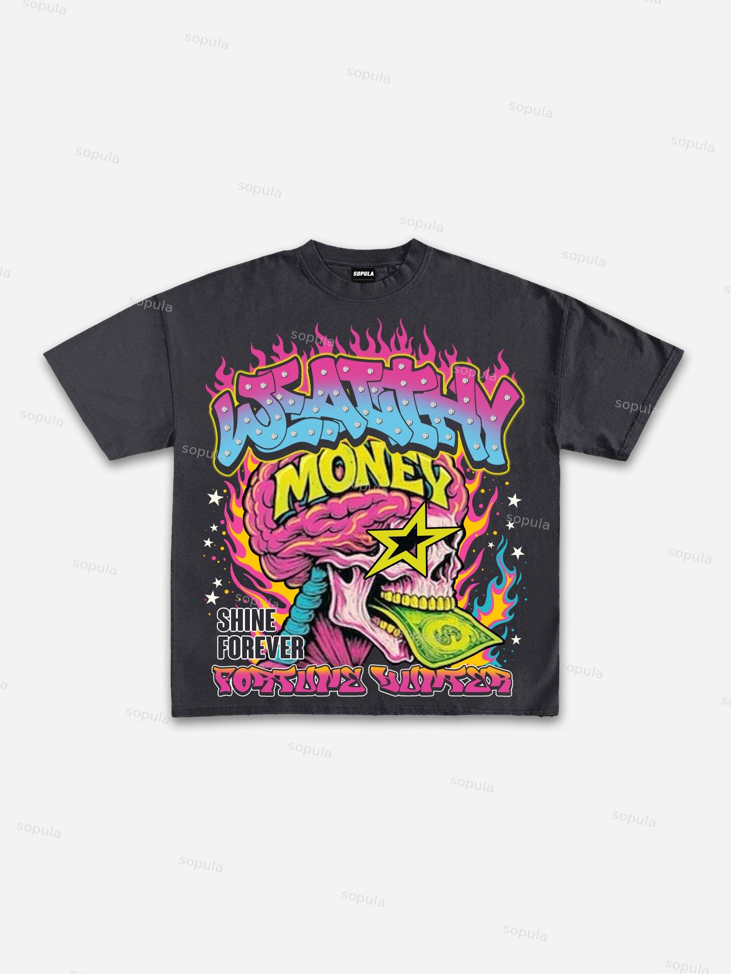 Wealthy Colorful Flame Money Skull Graphic Cotton T-shirt Product Image