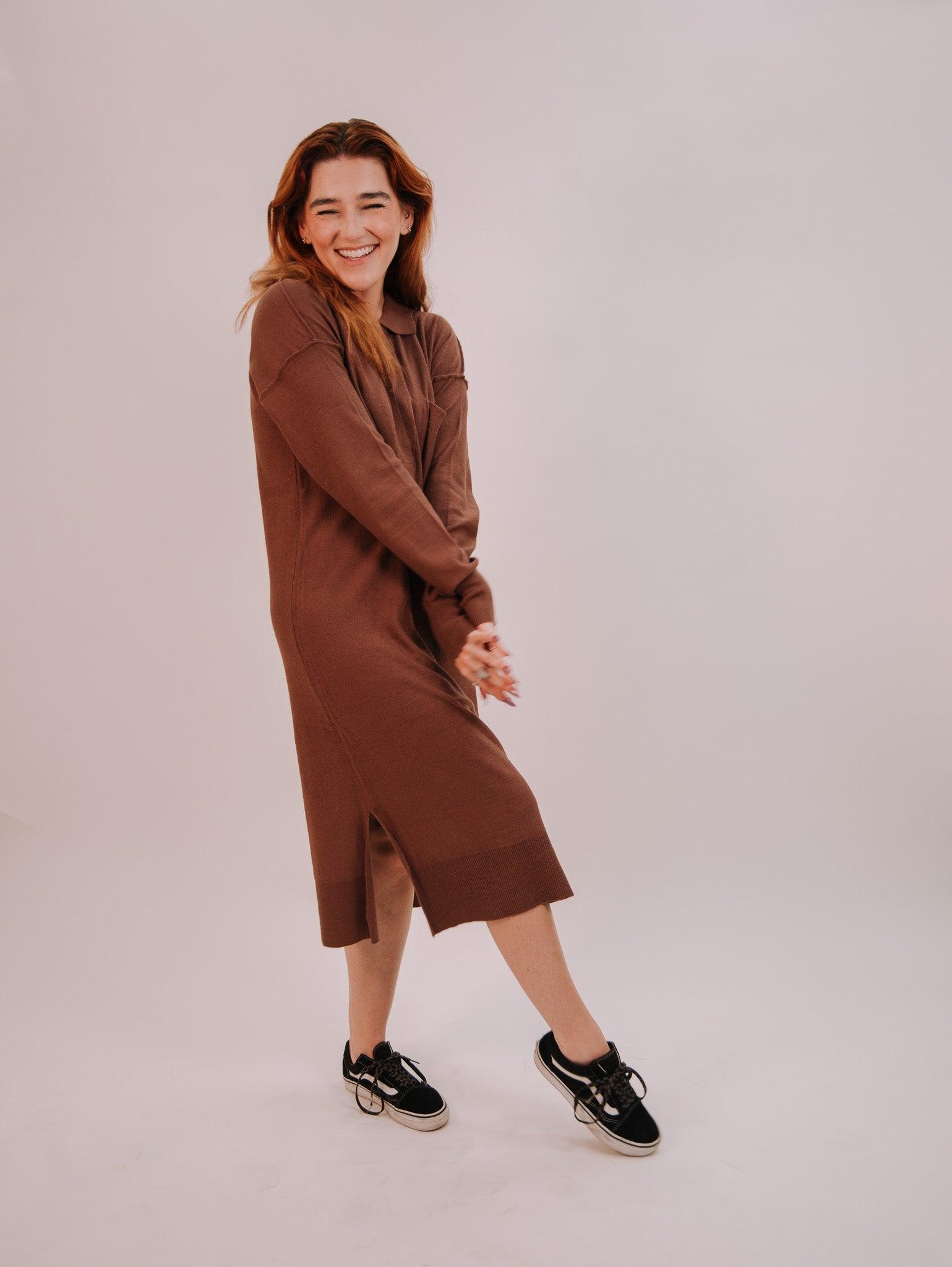 By Together Knit Sweater Long Sleeve Collar Neck Dress - Chocolate Product Image