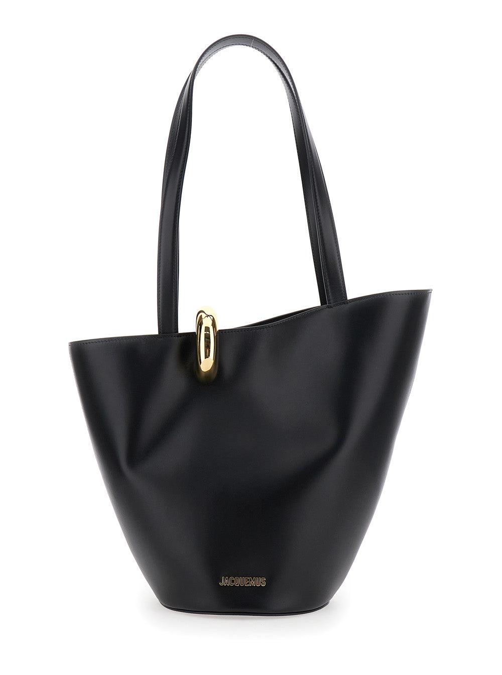 JACQUEMUS The Medium Bambola Asymmetric Leather Bucket Bag In Black 990 Product Image