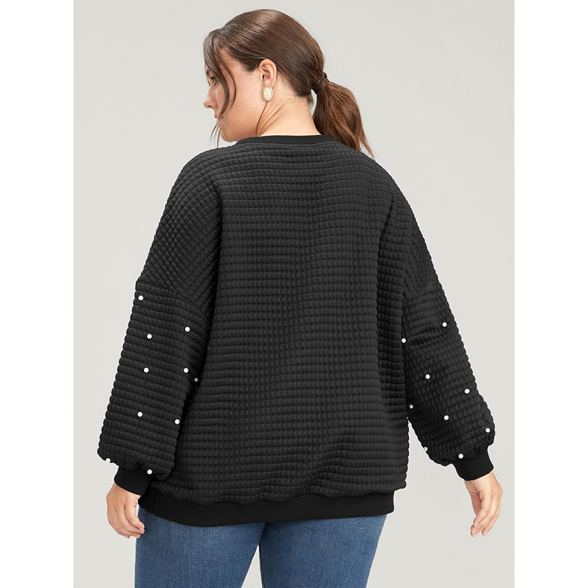 Plus Size Solid Texture Pearls Beaded Sweatshirt Women Black Party Beaded Round Neck Going out Sweatshirts BloomChic 26/4X Product Image