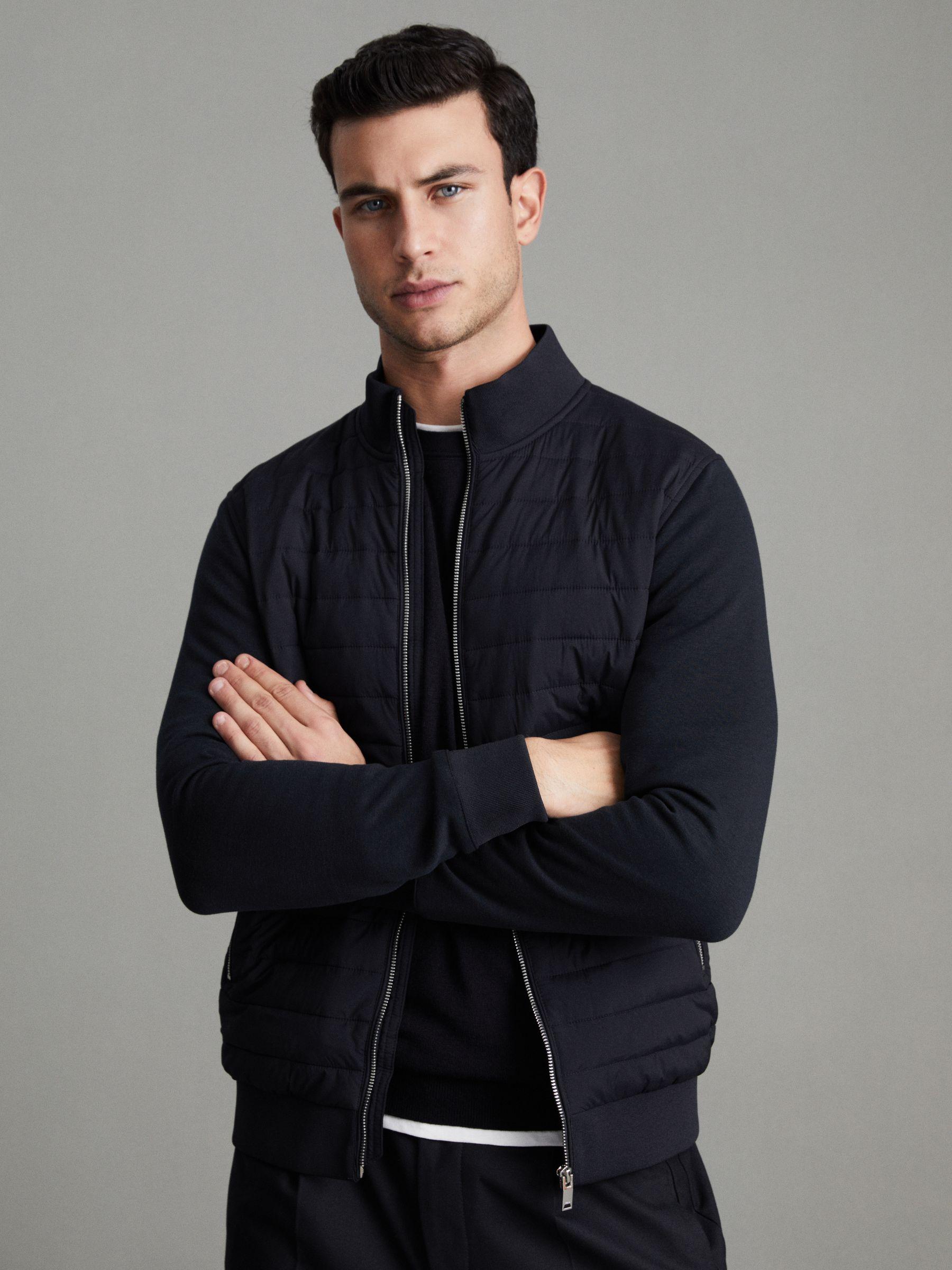 Hybrid Quilt and Knit Zip-Through Jacket in Navy Product Image