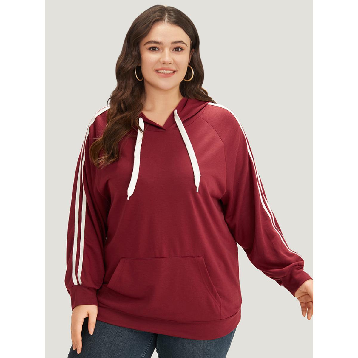 Plus Size Contrast Seam Detail Drawstring Pocket Hooded Raglan Sleeve Sweatshirt Women Red Casual Elastic cuffs Hooded Dailywear Sweatshirts BloomChic 12/L Product Image