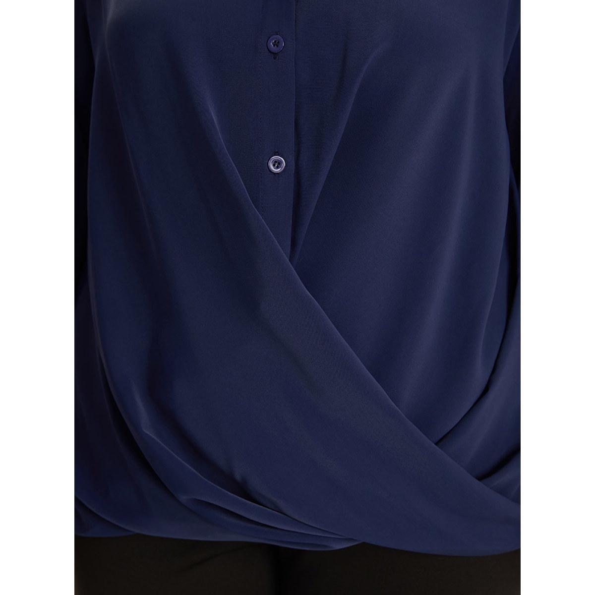 Plus Size Indigo Solid Button Up Notched Crossover Hem Blouse Women Office Elbow-length sleeve Notched collar Work Blouses BloomChic 14-16/1X Product Image