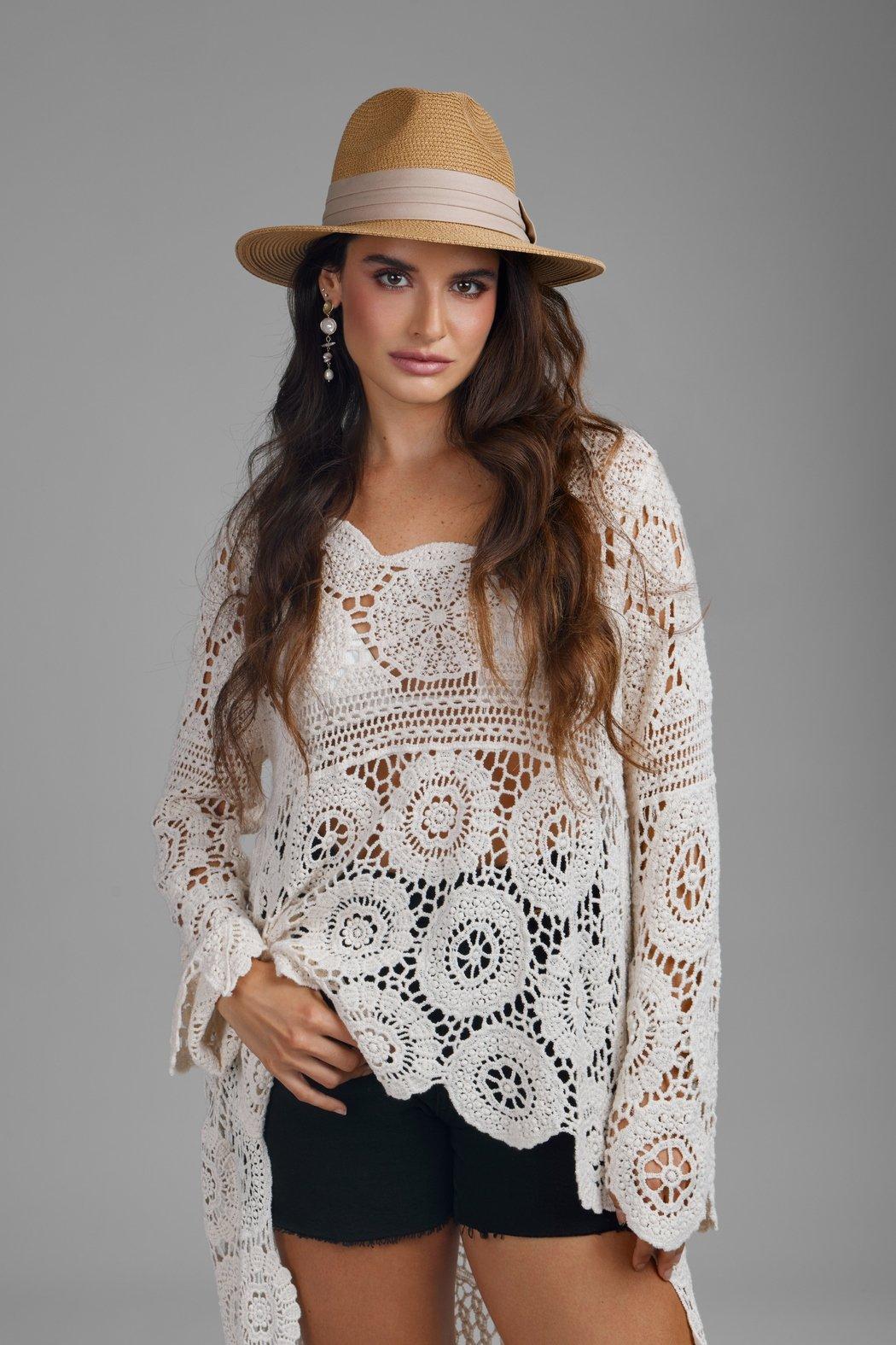 High Low Long Sleeve Crochet Cover Up Product Image