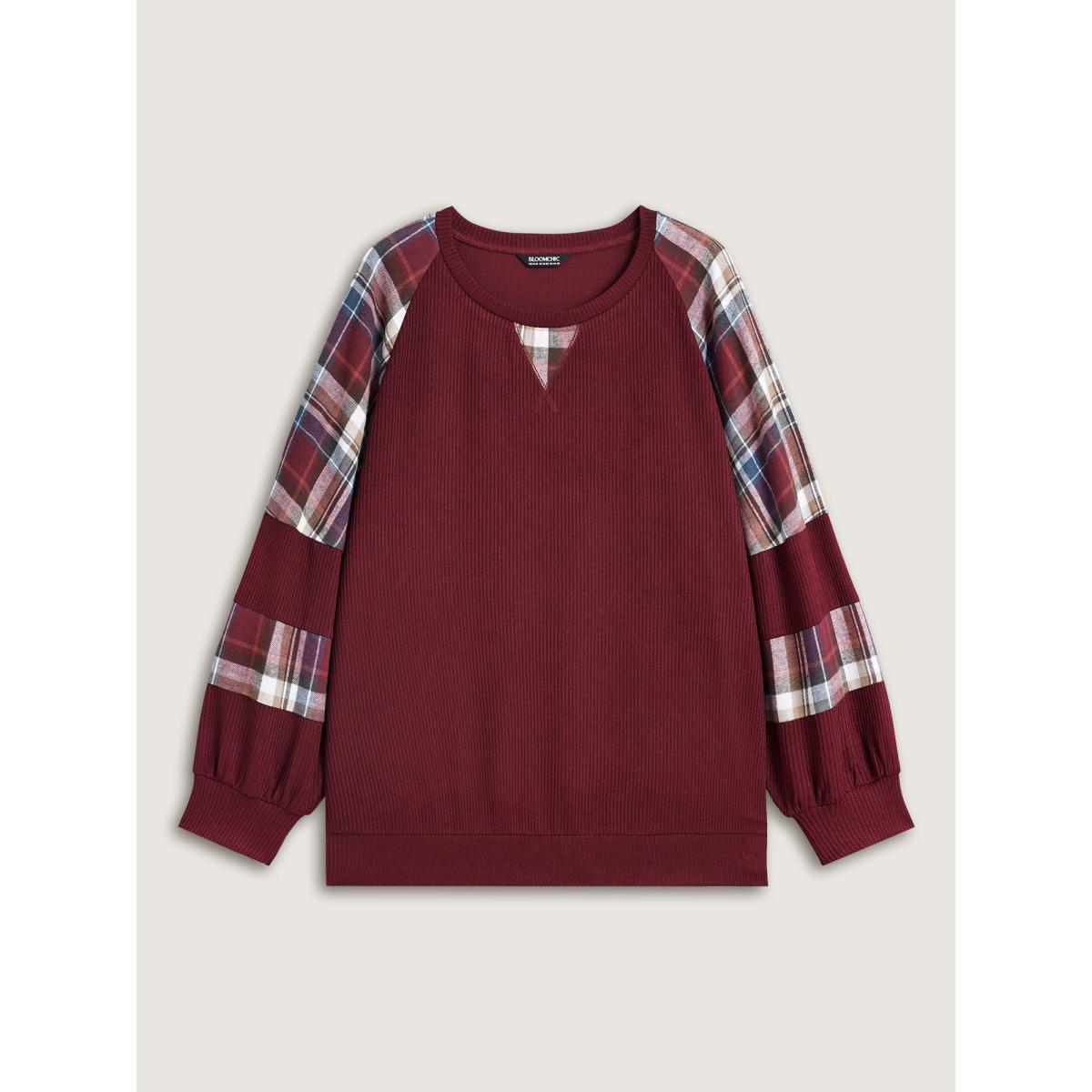 Plus Size Plaid Patchwork Raglan Sleeve Sweatshirt Women Burgundy Leisure Texture Round Neck Casual Sweatshirts BloomChic 22-24/3X Product Image