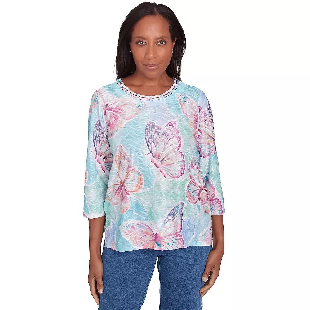 Women's Alfred Dunner Butterfly Three Quarter Sleeve Top, Size: Medium, Pink Team Product Image