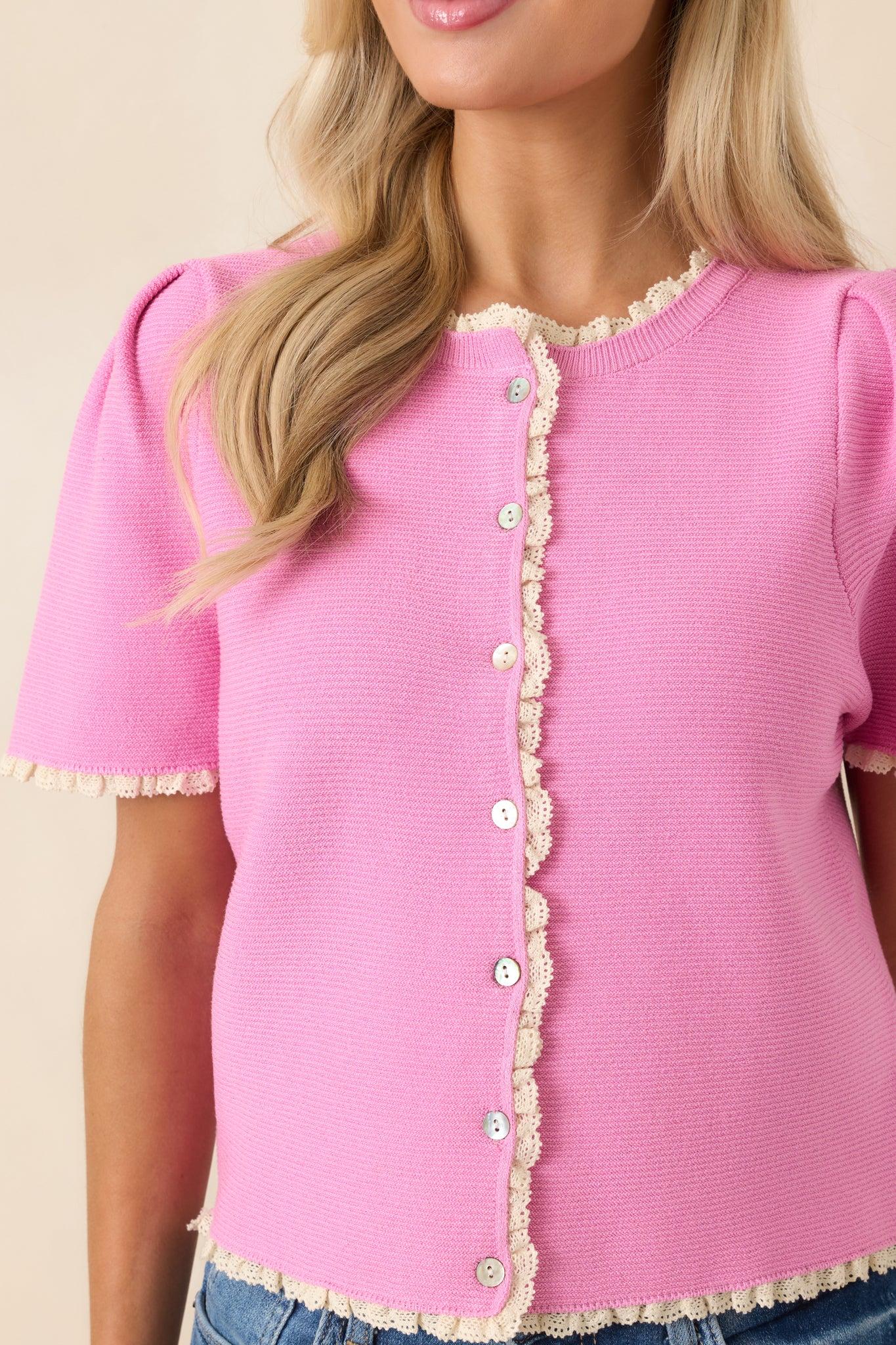 Like a Dream Pink Knit Lace Trim Button Front Top Product Image