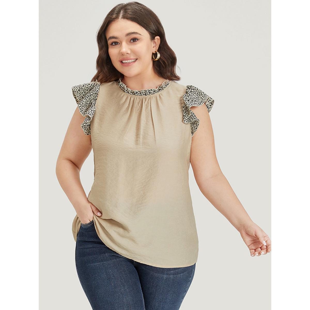 Plus Size Apricot Leopard Patchwork Halter Frill Trim Flutter Sleeve Blouse Women Elegant Cap Sleeve Halter neck Dailywear Blouses BloomChic 14-16/1X Product Image