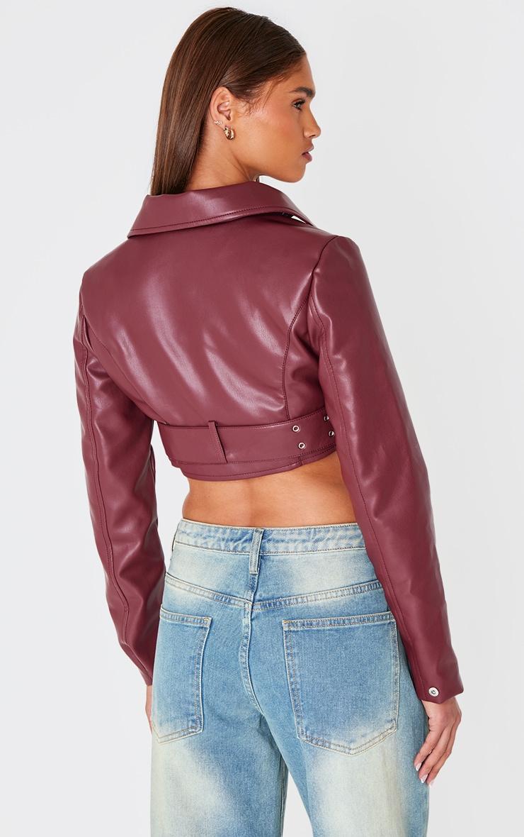 Burgundy Faux Leather Super Cropped Biker Jacket Product Image