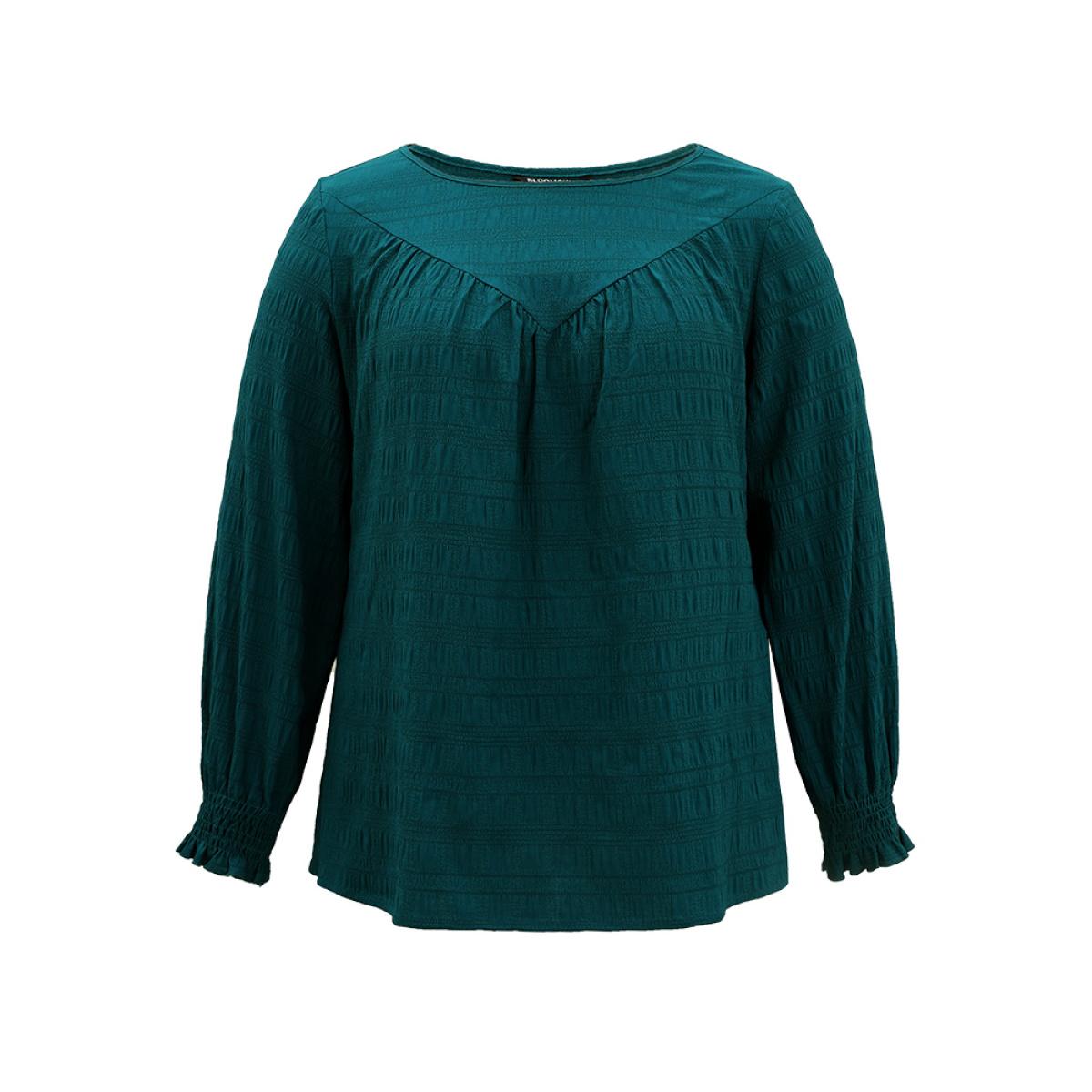 Plus Size Cyan Plain Textured Shirred Gathered Blouse Women Elegant Long Sleeve Round Neck Dailywear Blouses BloomChic 18-20/2X Product Image