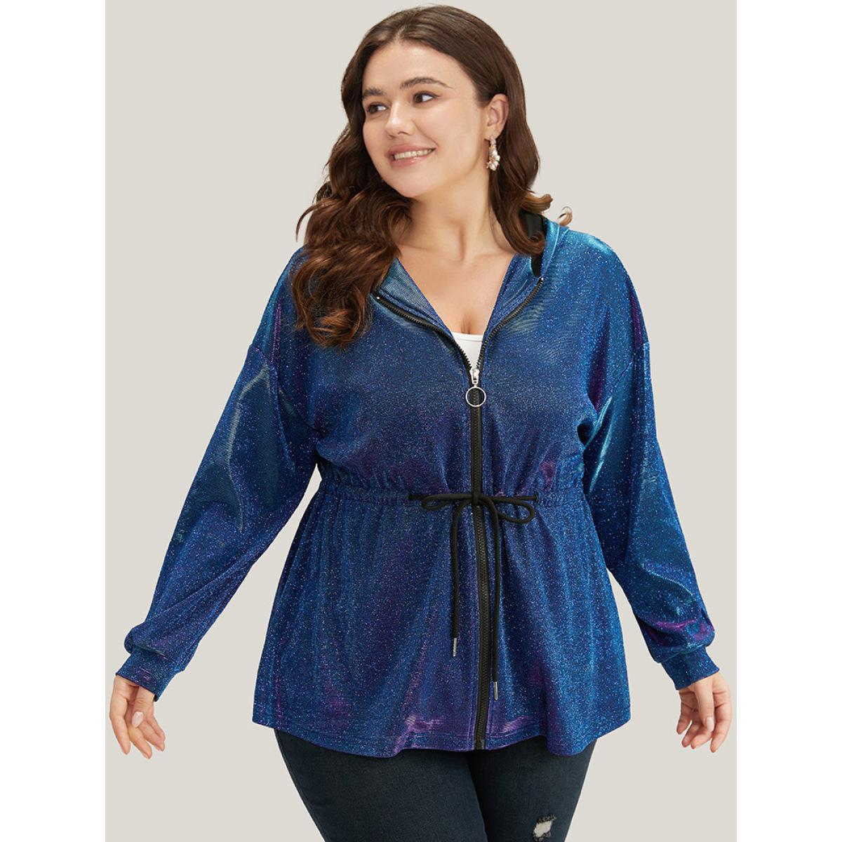 Plus Size Glitter Plain Drawstring Zipper Knot Hooded Coat Women Purple Elastic cuffs Dailywear Jackets BloomChic 18-20/2X Product Image