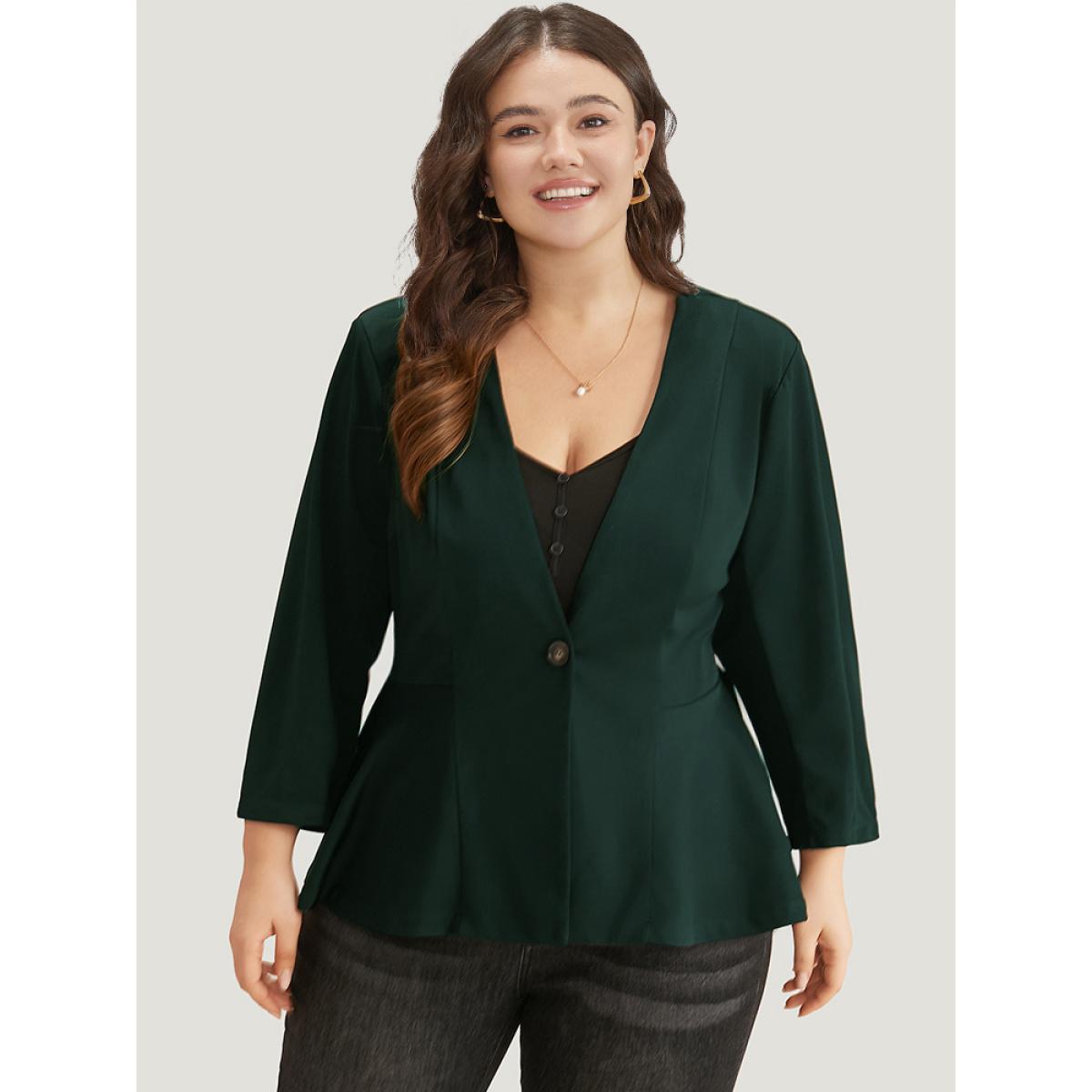 Plus Size Plain Button Up Ruffle Hem Blazer Green Women Dailywear Plain Plain Sleeve Long Sleeve V-neck 26/4X Casual Blazers BloomChic Product Image