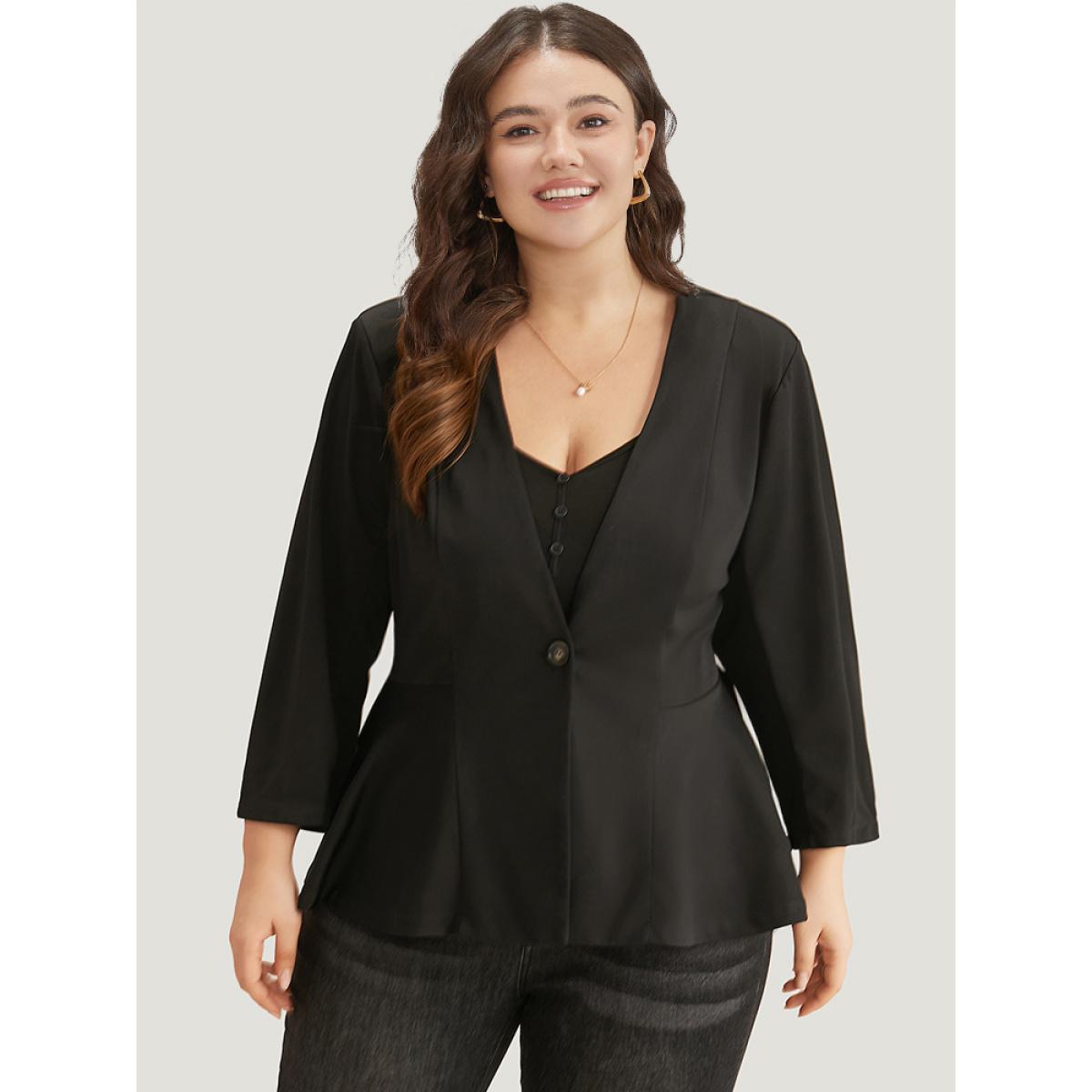 Plus Size Plain Button Up Ruffle Hem Blazer Green Women Dailywear Plain Plain Sleeve Long Sleeve V-neck 26/4X Casual Blazers BloomChic Product Image