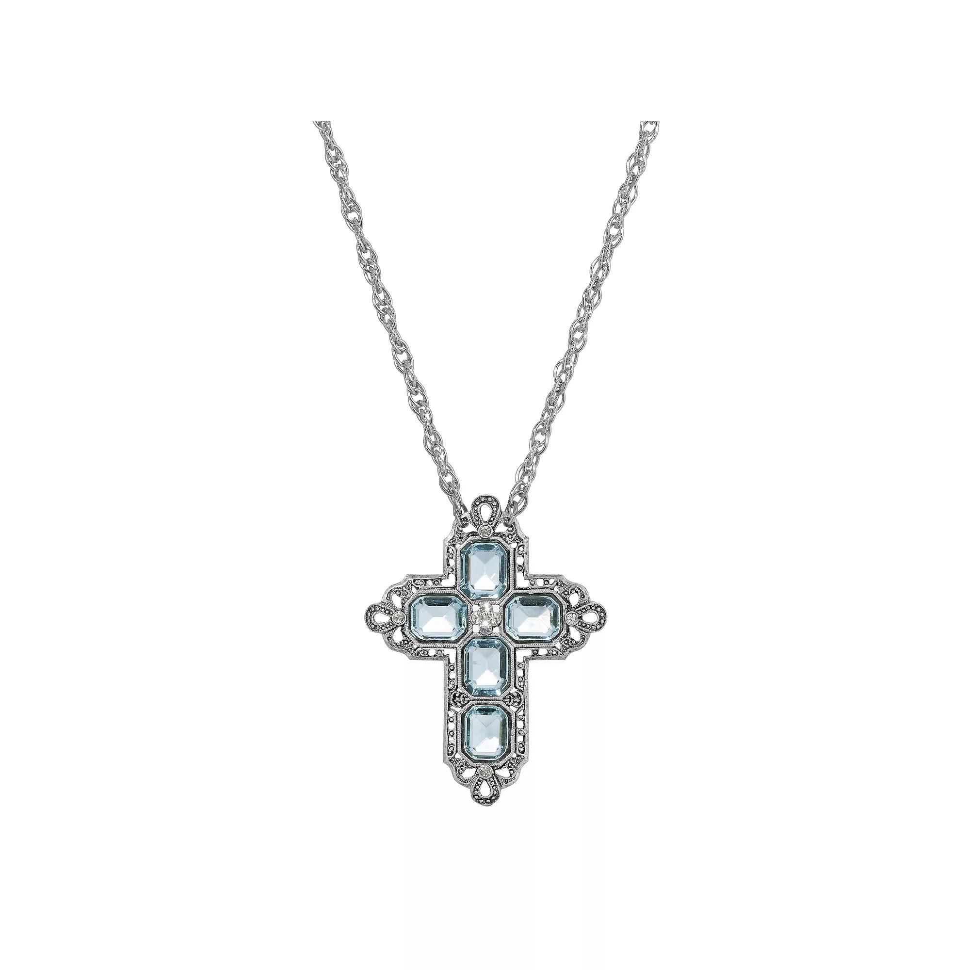1928 Silver Tone Rectangle Simulated Crystal Cross Chain Necklace, Womens, Blue Product Image