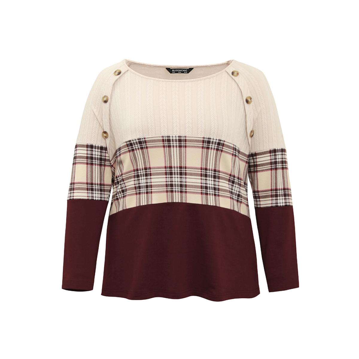 Plus Size Colorblock Contrast Button Detail Plaid Sweatshirt Women Burgundy Elegant Contrast Round Neck Dailywear Sweatshirts BloomChic 28/5X Product Image