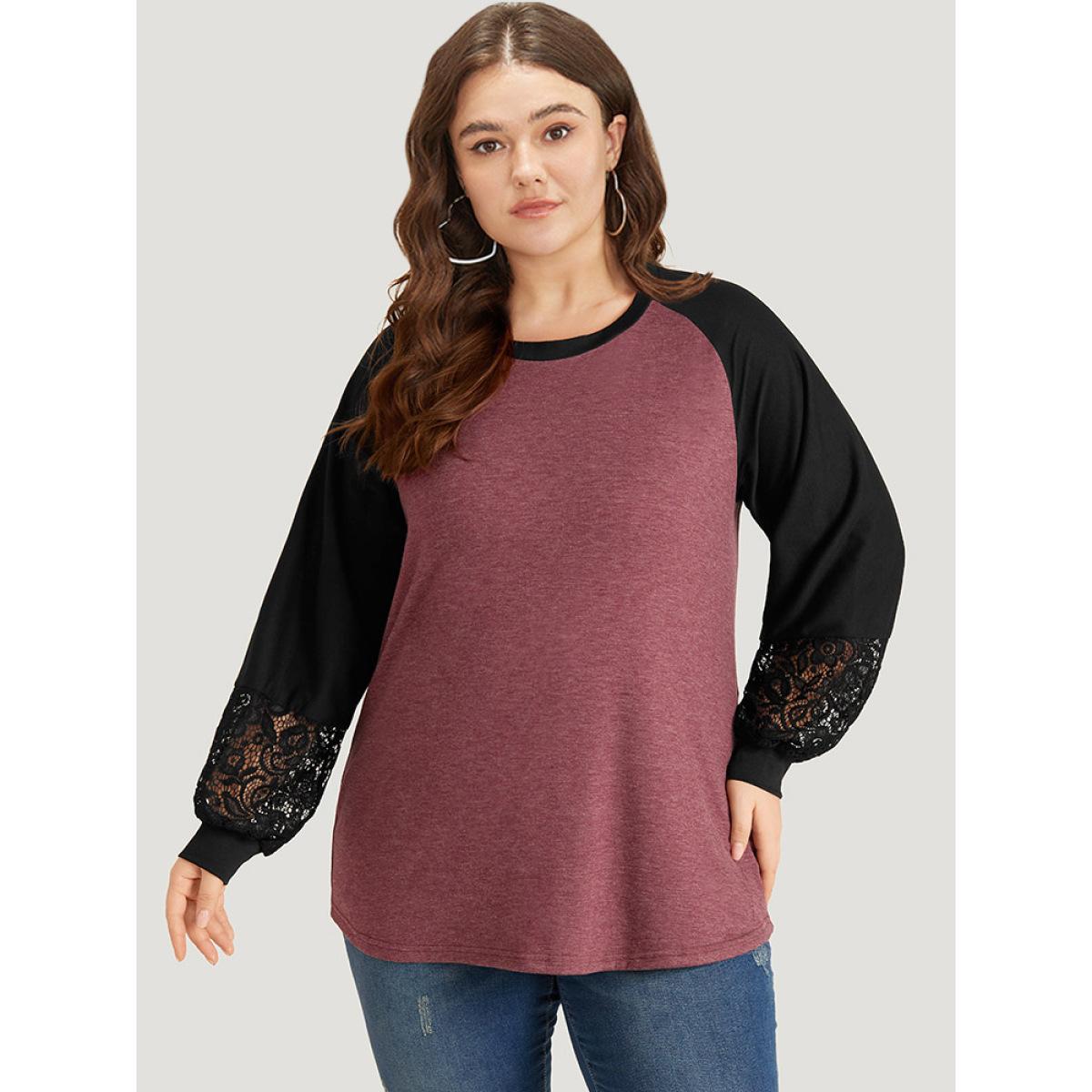 Plus Size Round Neck Lace Patchwork Raglan Sleeve T-shirt Russet Women Elegant Elastic cuffs Plain Round Neck Dailywear T-shirts BloomChic 28/5X Product Image