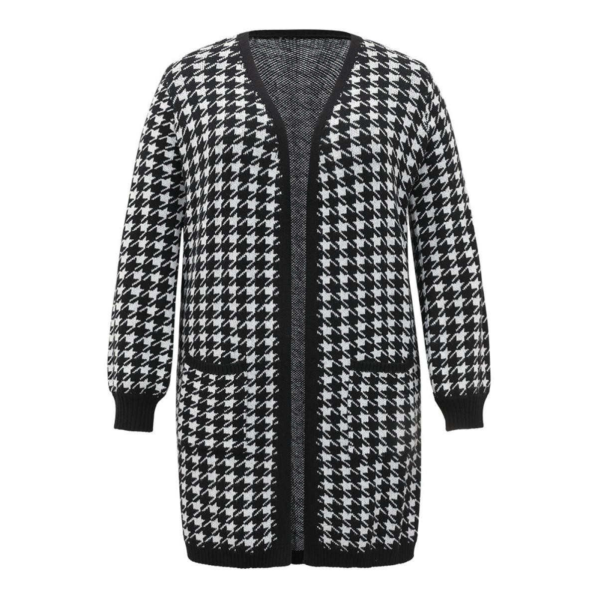 Plus Size Supersoft Essentials Houndstooth Pocket Elastic Cuffs Cardigan Black Women Casual Loose Long Sleeve Dailywear Cardigans BloomChic 14-16/1X Product Image