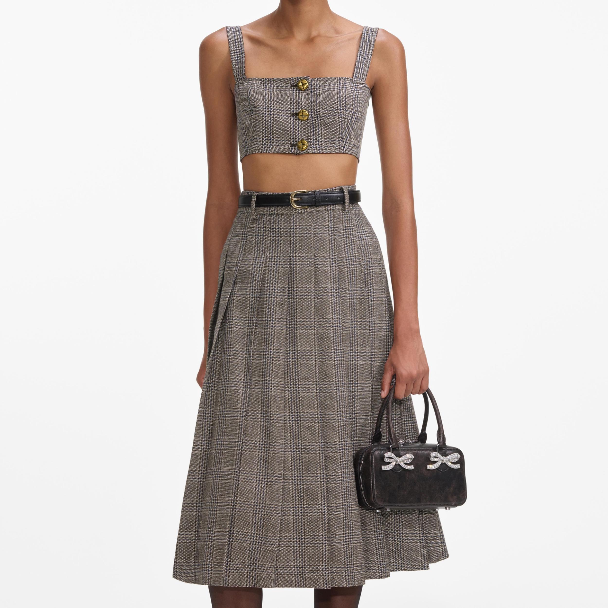 Brown Check Pleated Midi Skirt Product Image