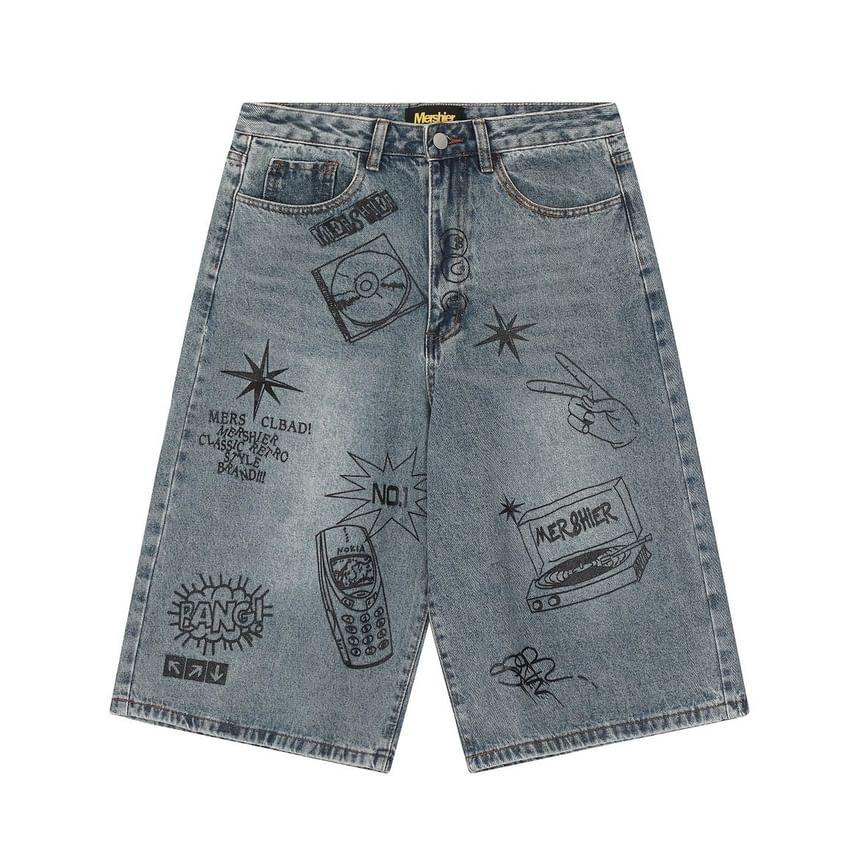 Mid Rise Patterned Print Washed Jorts Product Image