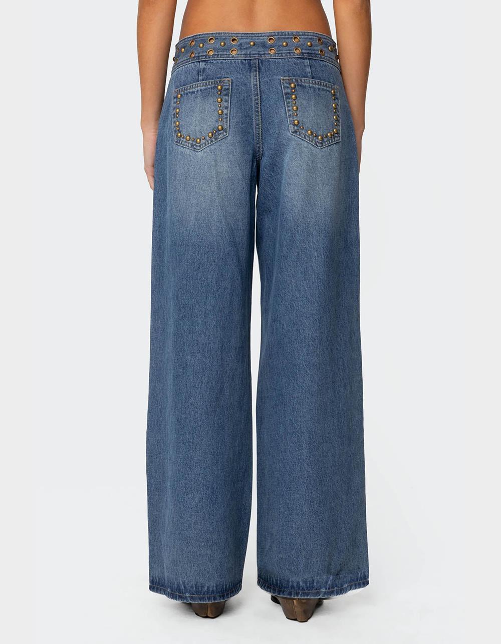 EDIKTED Stud & Grommet Low Rise Jeans - LIGHT BLUE Product Image