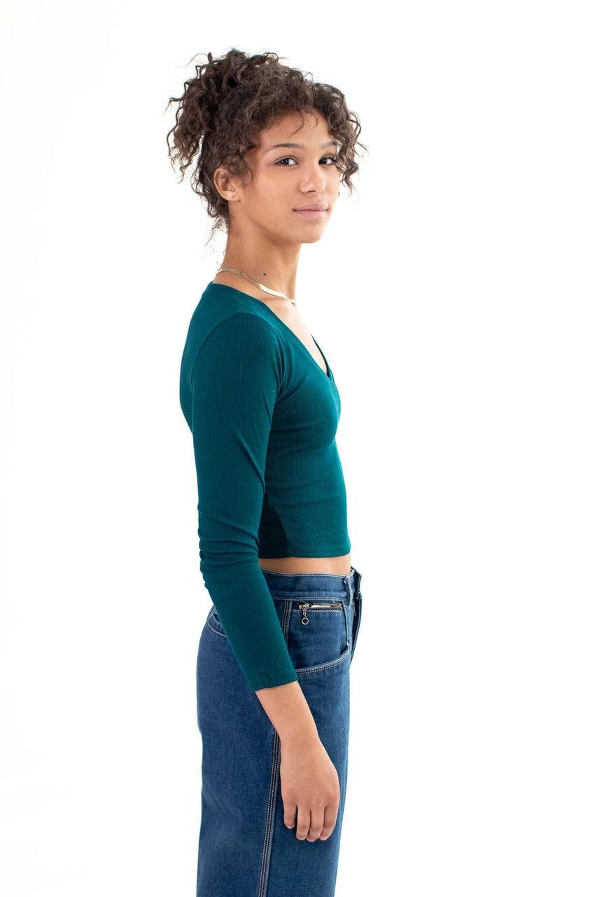 Green Long Sleeve Ribbed V Neck Product Image