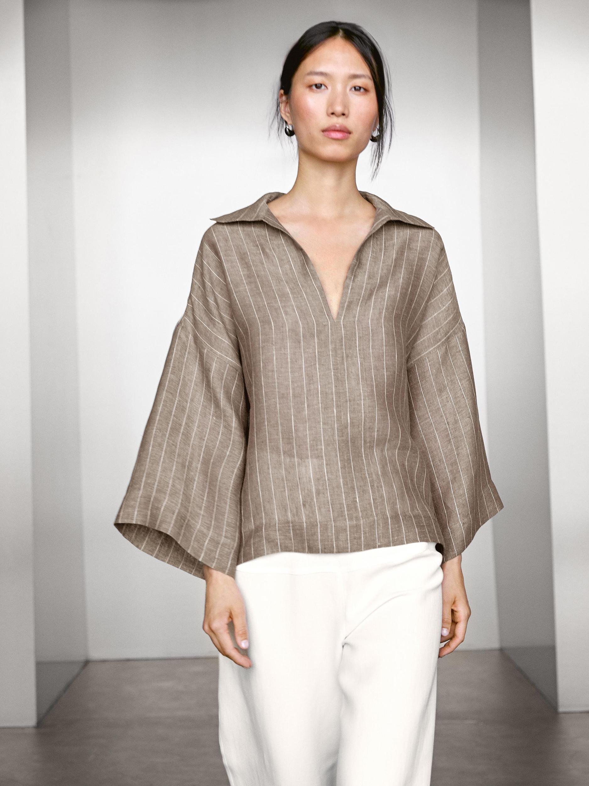 Striped linen open neck blouse Product Image