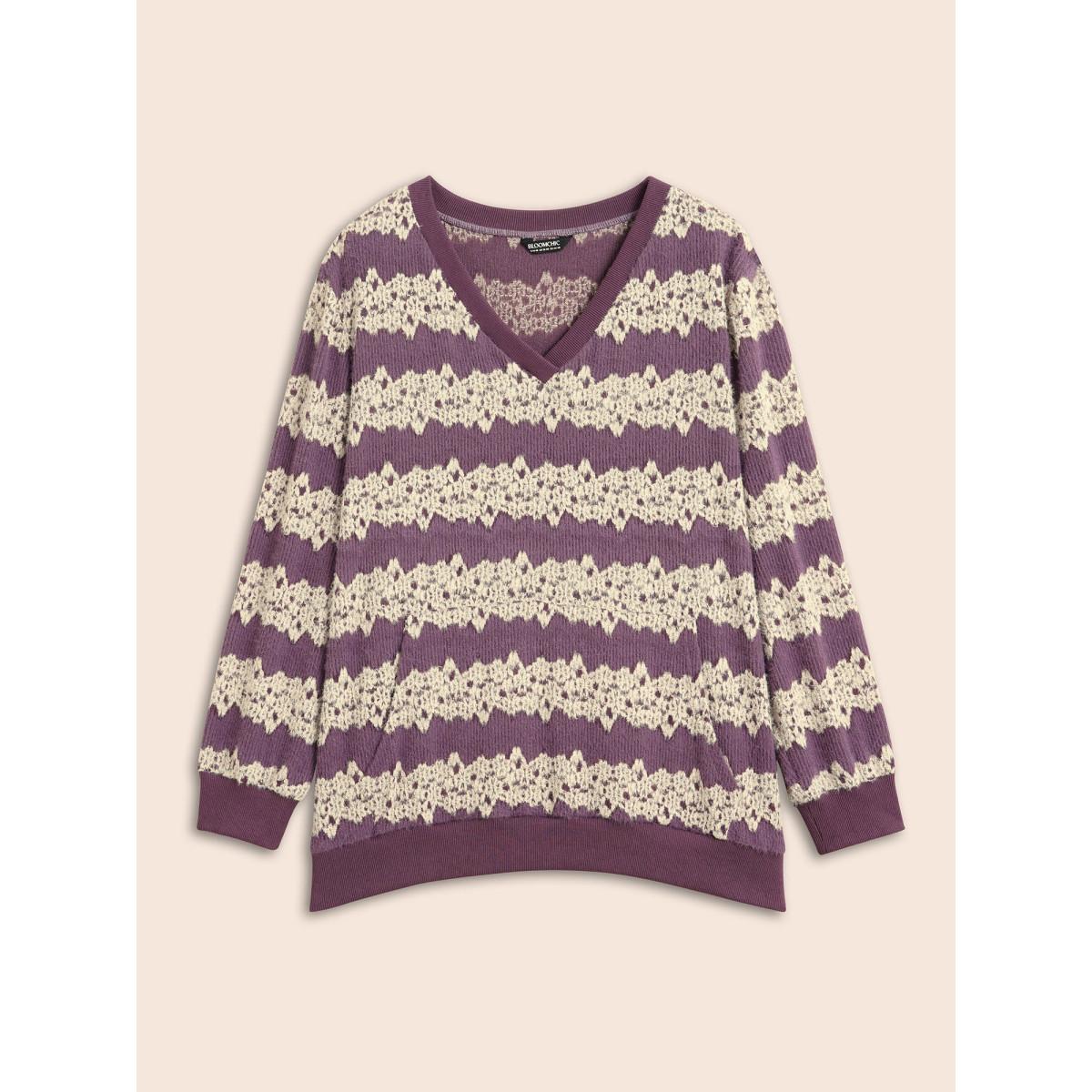 Plus Size Striped Patchwork Contrast Texture Sweatshirt Women Mauve Casual Texture Loose V-neck Everyday Sweatshirts BloomChic 28/5X Product Image
