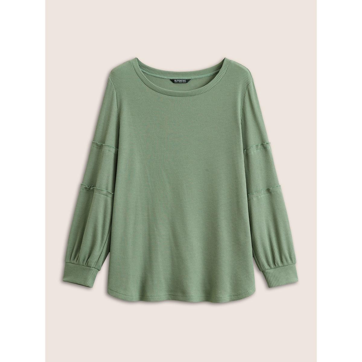 Plus Size Plain Texture Waffle Knit Arc Hem T-shirt Mint Women Casual Texture Plain Round Neck Everyday T-shirts BloomChic 12/L Product Image