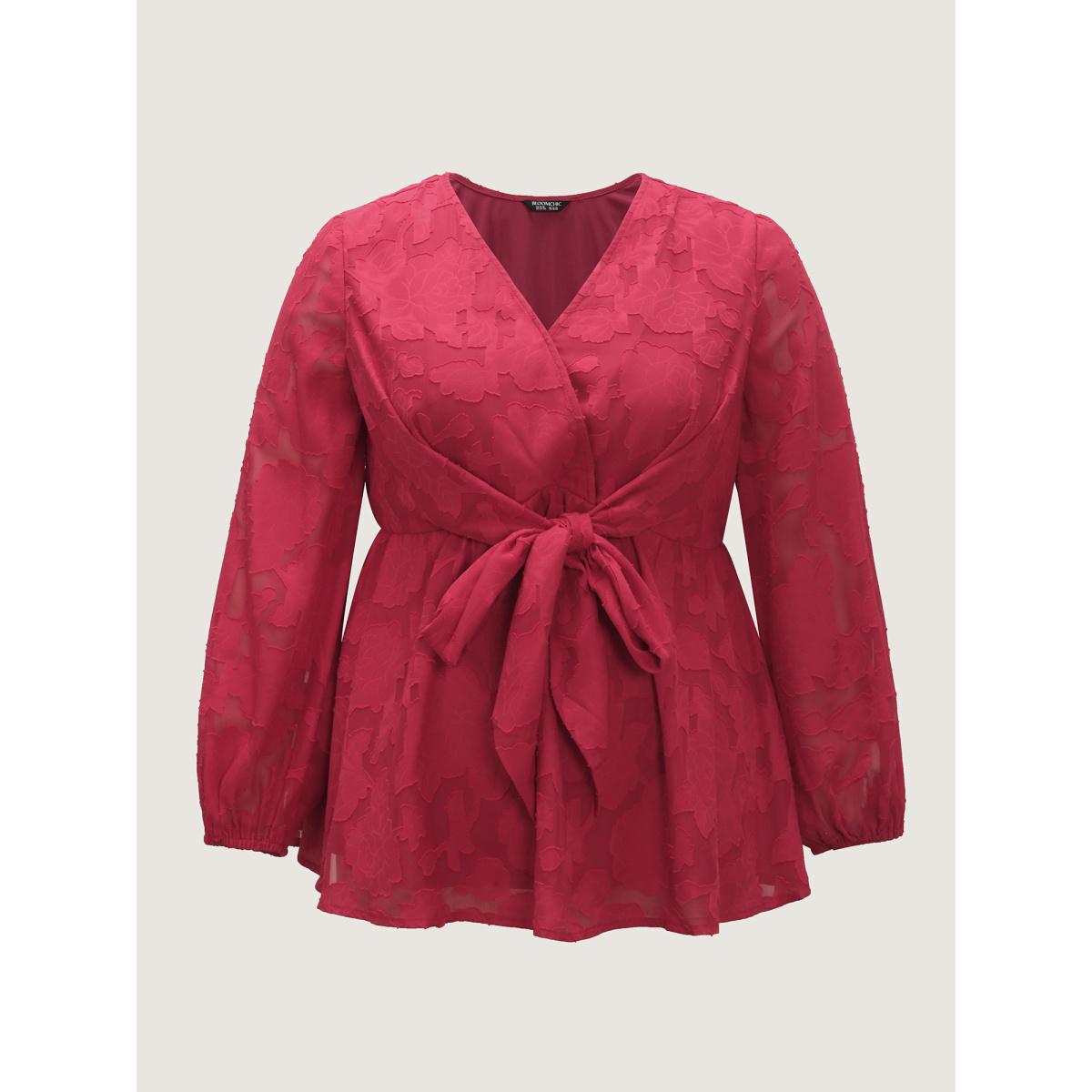 Plus Size Raspberry Cut-Out Flower Adjustable Belt Blouse Women Romantic Extra Long Sleeve V-neck Elegant Blouses BloomChic 26/4X Product Image