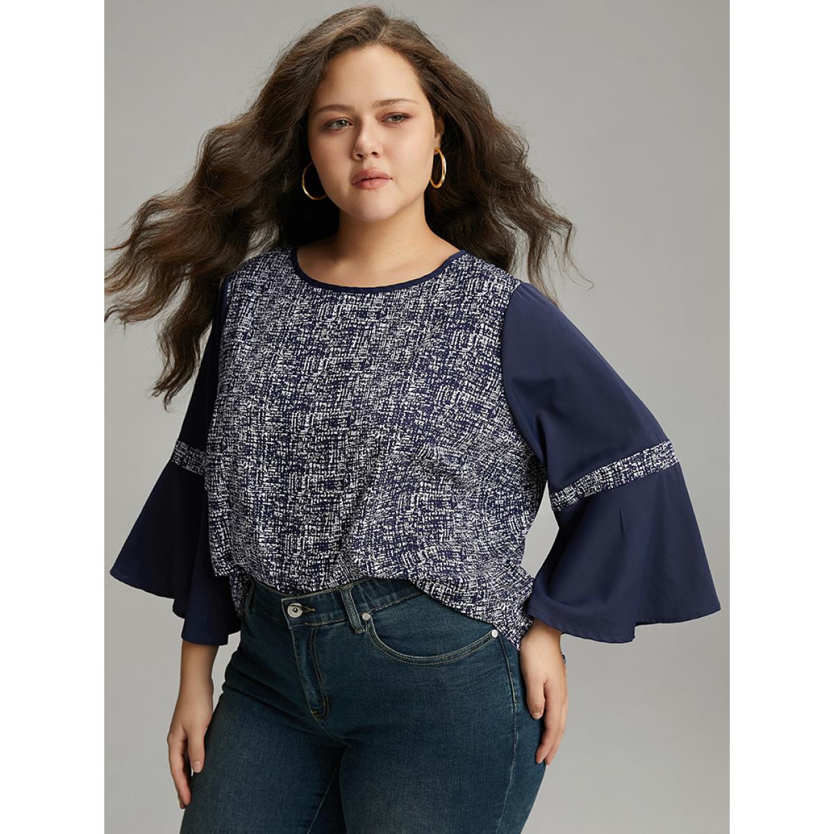Plus Size DarkBlue Patchwork Crew Neck Ruffle Sleeve Blouse Women Vacation Long Sleeve Round Neck Dailywear Blouses BloomChic 22-24/3X Product Image