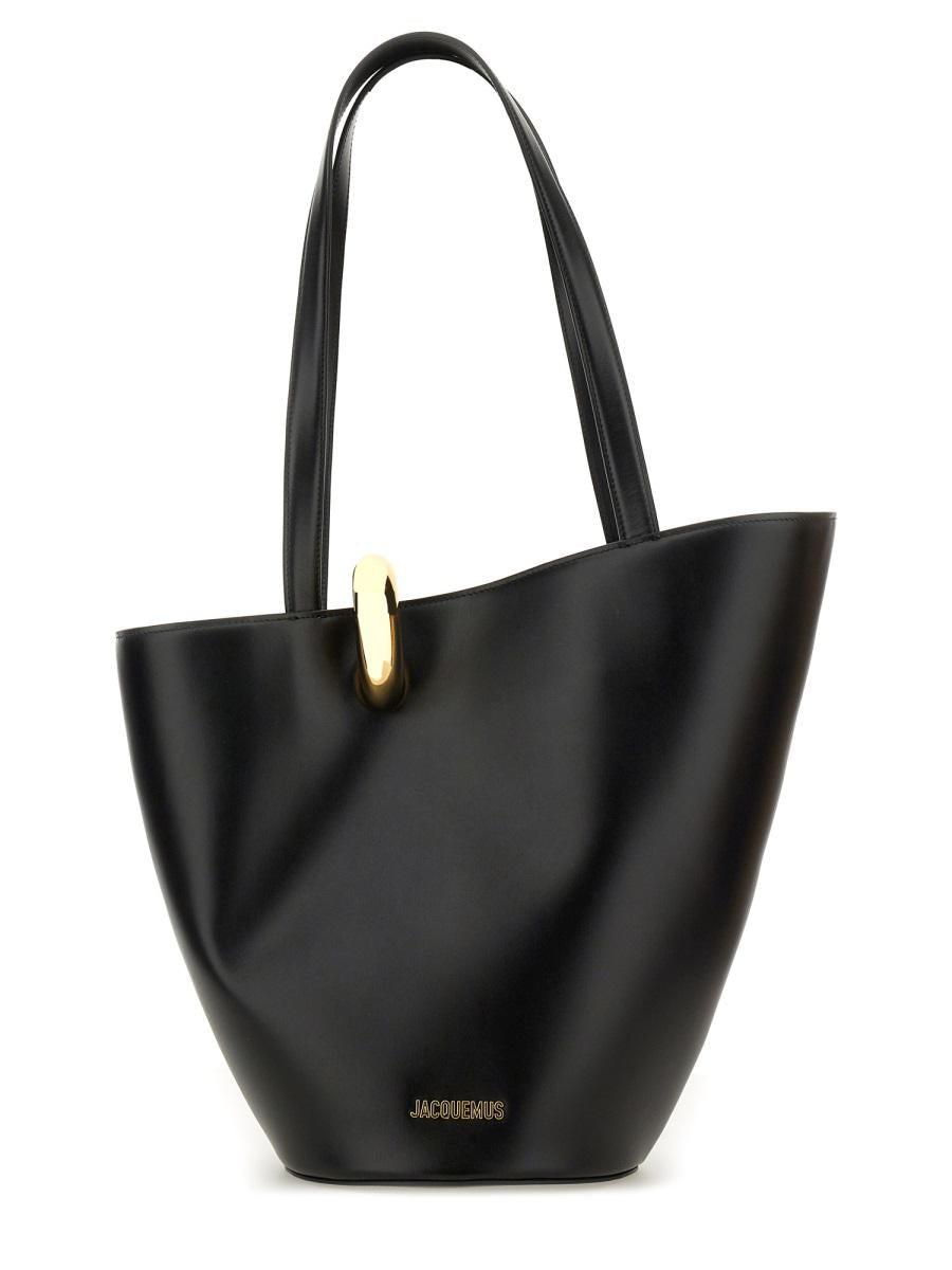 JACQUEMUS The Medium Bambola Asymmetric Leather Bucket Bag In Black 990 Product Image
