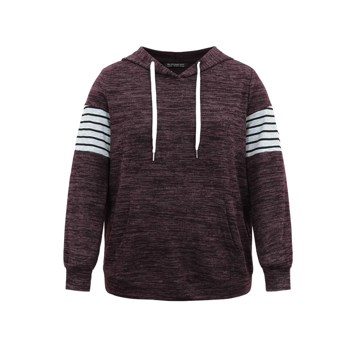 Plus Size Heather Striped Patchwork Pocket Hooded Sweatshirt Women Eggplant Casual Heather Hooded Dailywear Sweatshirts BloomChic 22-24/3X Product Image