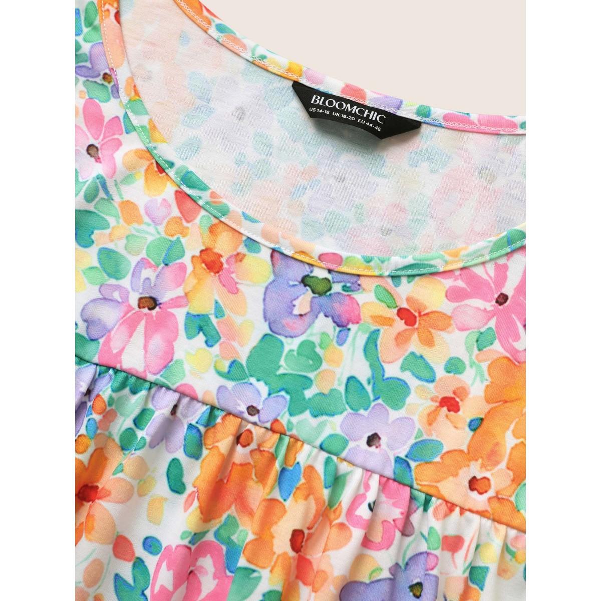 Plus Size Crew Neck Colored Floral Gathered T-shirt Multicolor Women Elegant Contrast Natural Flowers Round Neck Everyday T-shirts BloomChic 28/5X Product Image