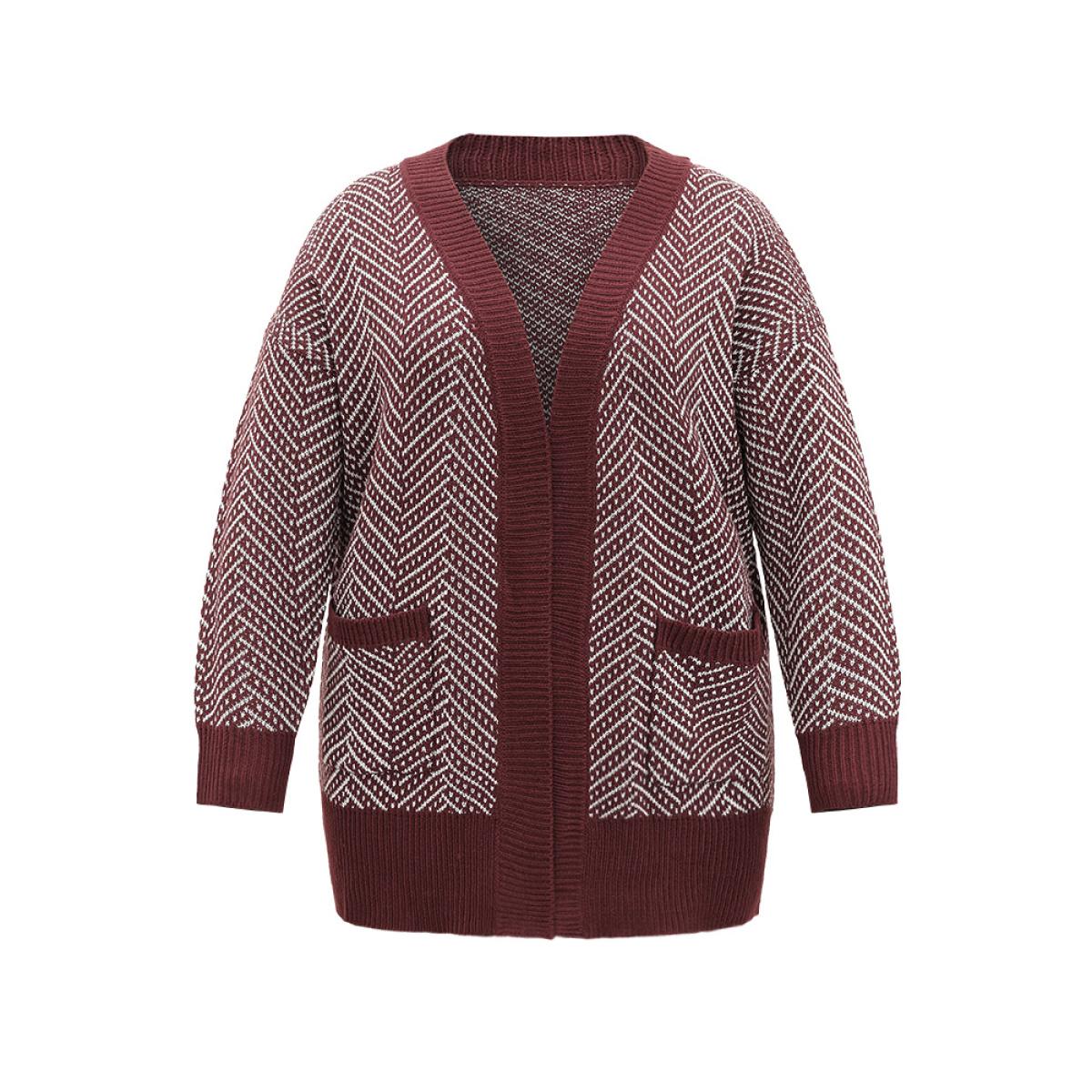 Plus Size Jacquard Open Front Pocket Loose Cardigan Maroon Women Casual Loose Long Sleeve Dailywear Cardigans BloomChic 26/4X Product Image
