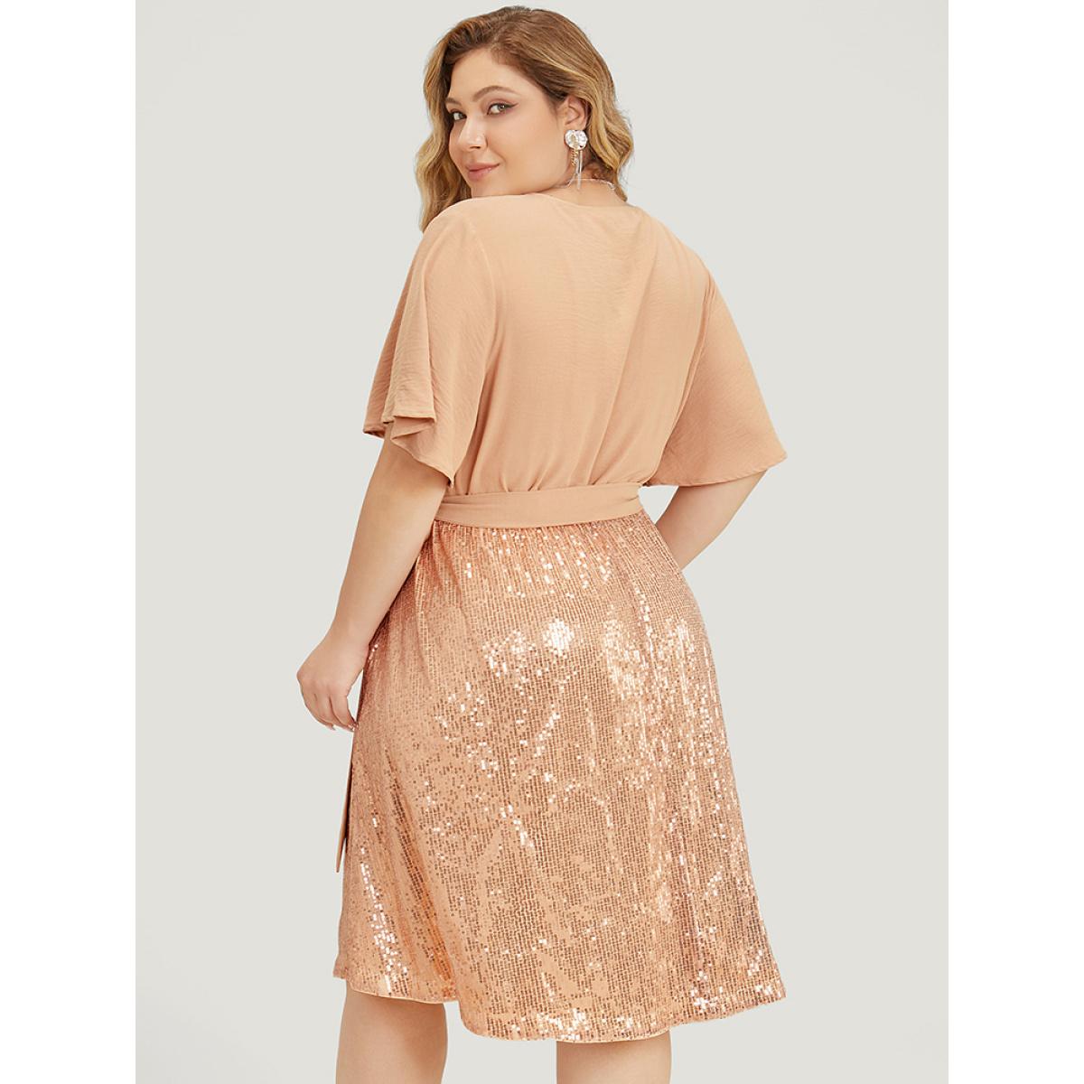 Plus Size Sequin Patchwork Pocket Belted Surplice Neck Ruffle Dress Apricot Women Party Lined V-neck Short sleeve Curvy Knee Dress BloomChic 18-20/2X Product Image