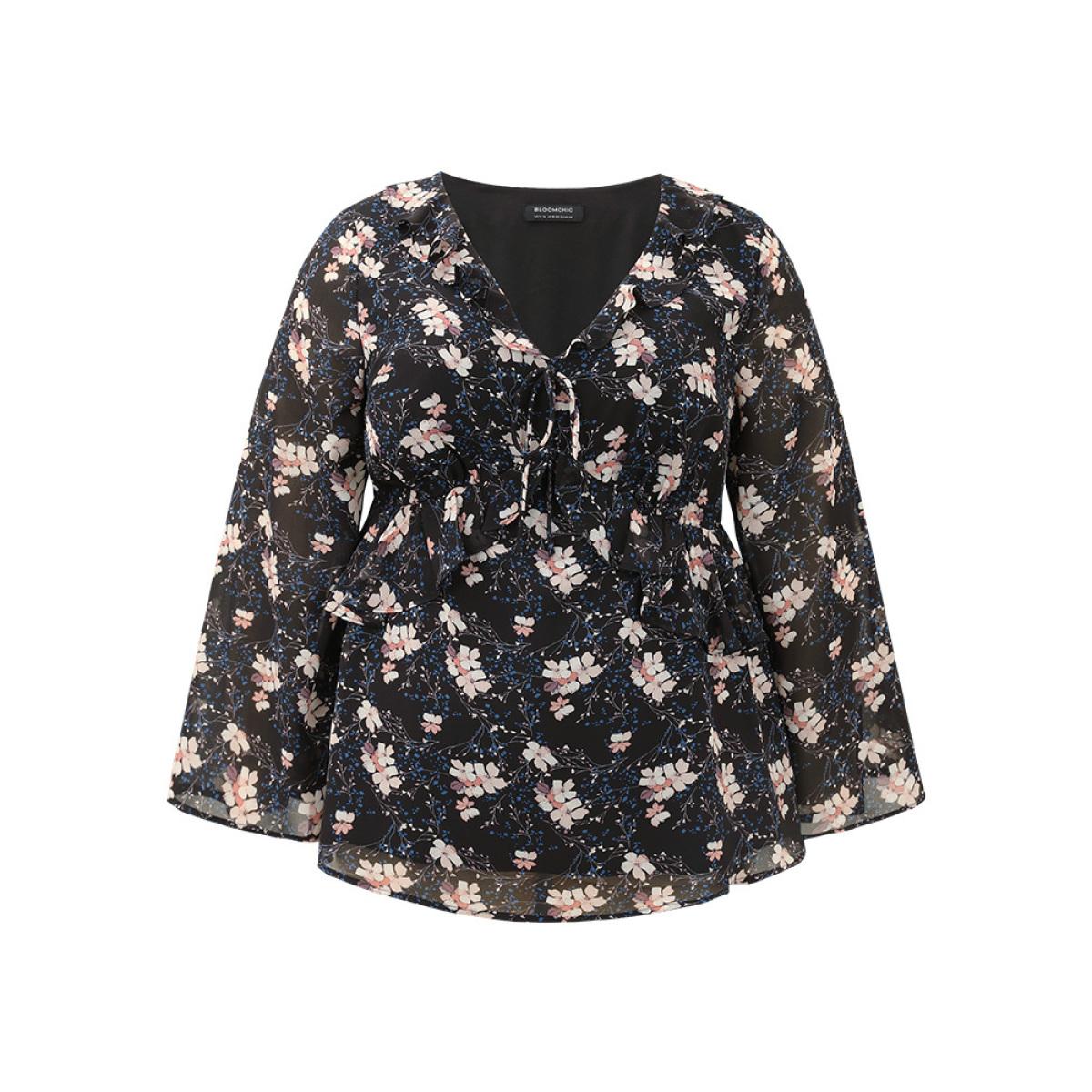 Plus Size BlackFlower Ditsy Floral Ties Ruffles Elastic Waist Blouse Women Elegant Long Sleeve V-neck Dailywear Blouses BloomChic 28/5X Product Image